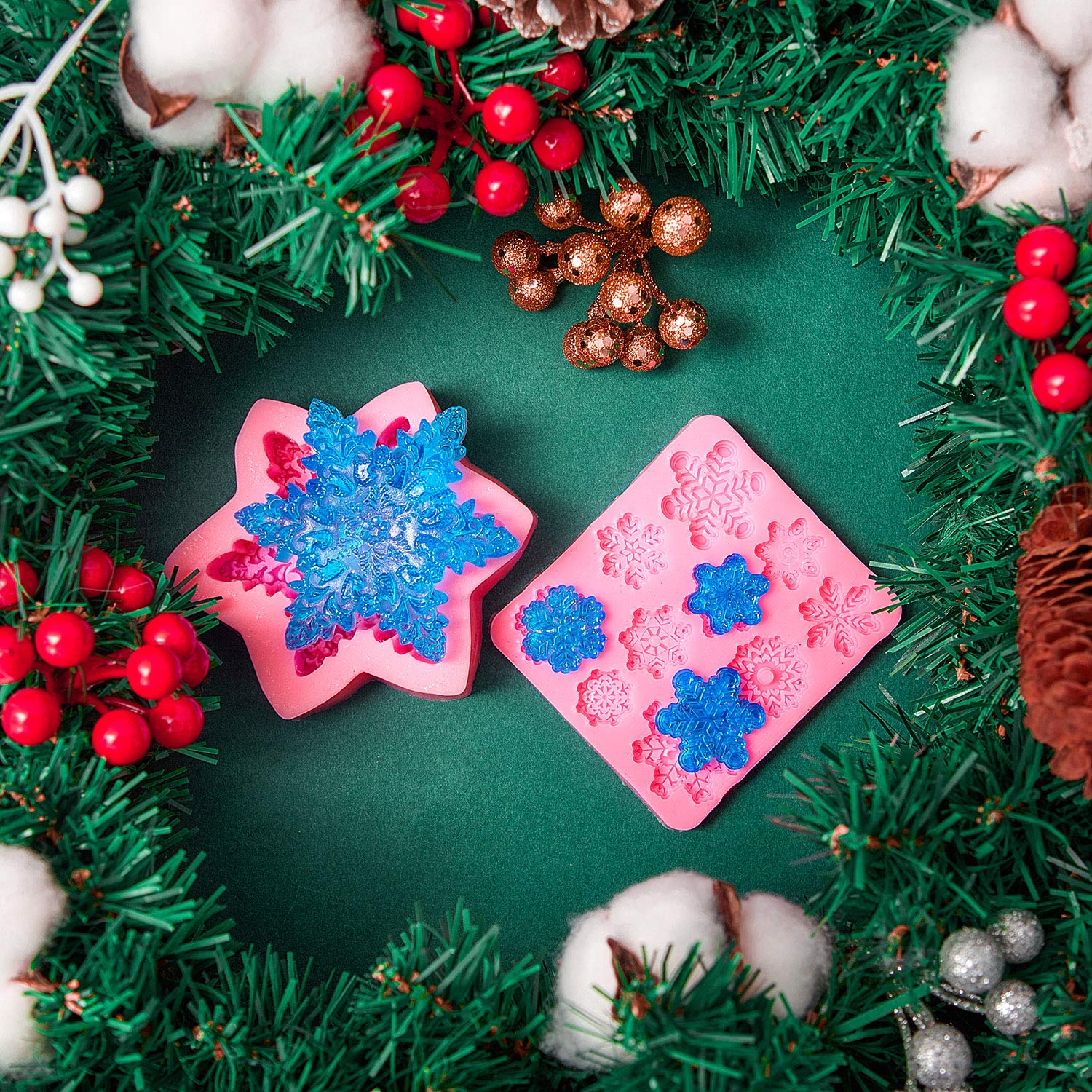 Boao 2 Pieces Snowflake Silicone Mold Christmas Snowflake Chocolate Candy Fondant Mold Silicone Baking Dessert Mold For Cake Cup