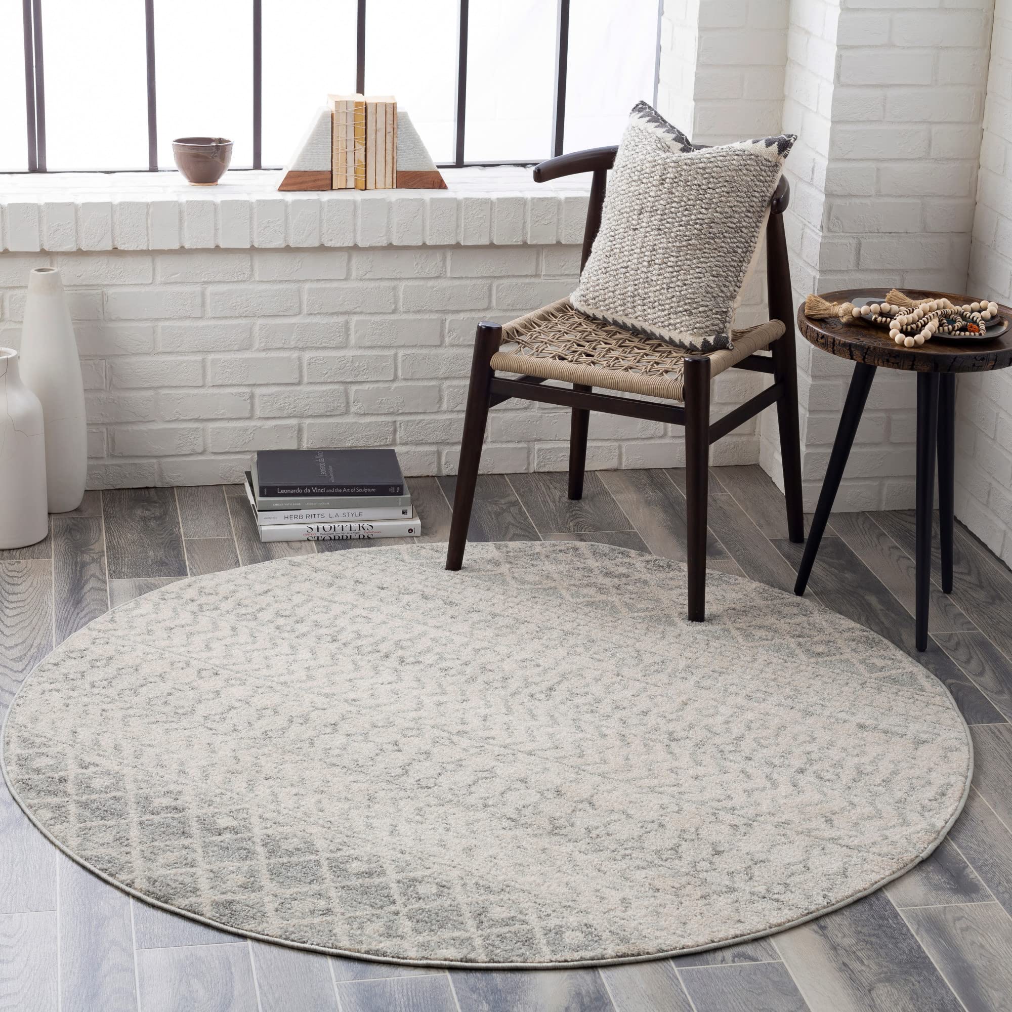 Livabliss Area Rugs - 5ft Round Chester Boho Moroccan Gray Rug for Living Room Bedroom - Grey White Geometric Stain Resistant Ca