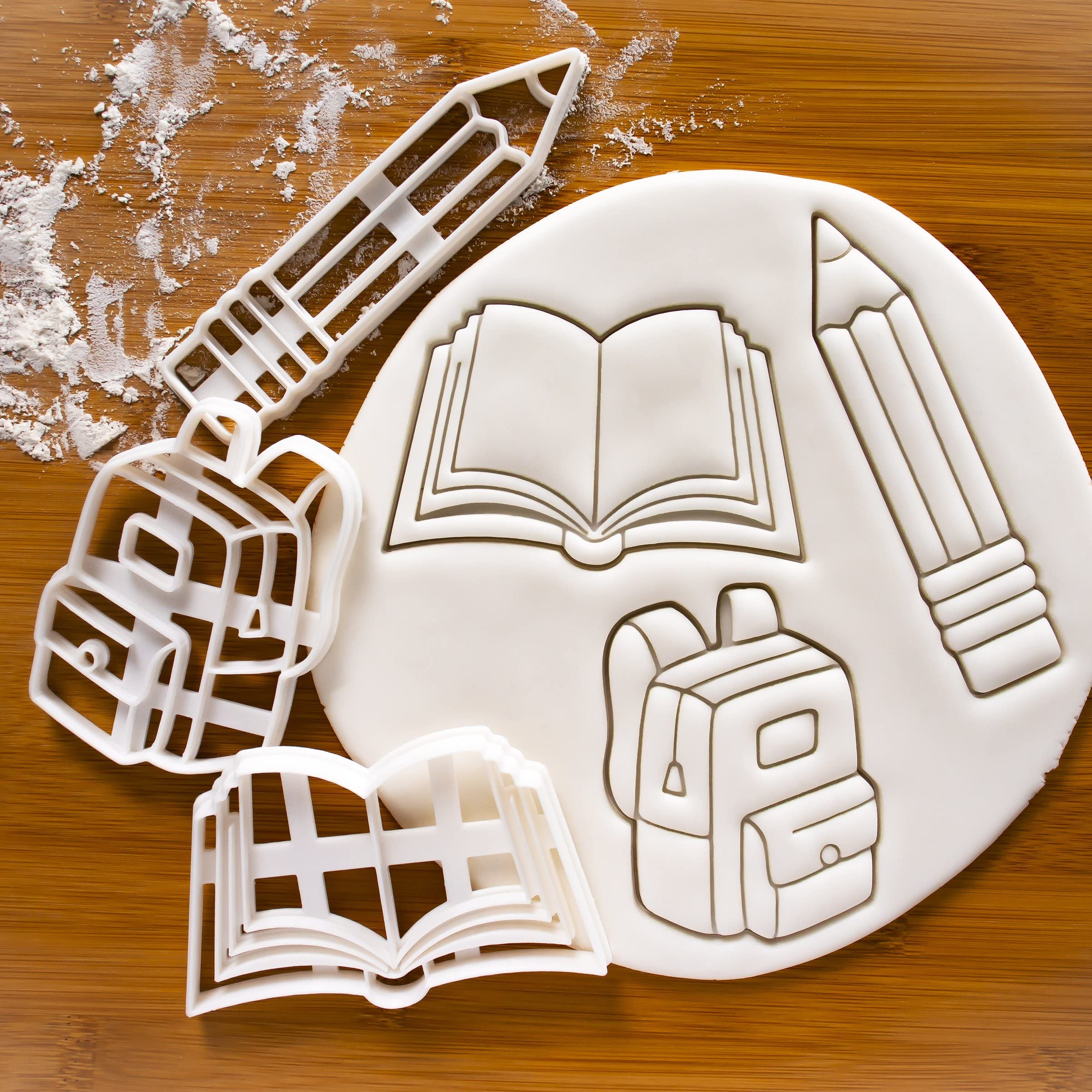 Set Of 3 Back To School Themed Cookie Cutters (Designs: Backpack, Book, Pencil), 3 Pieces - Bakerlogy