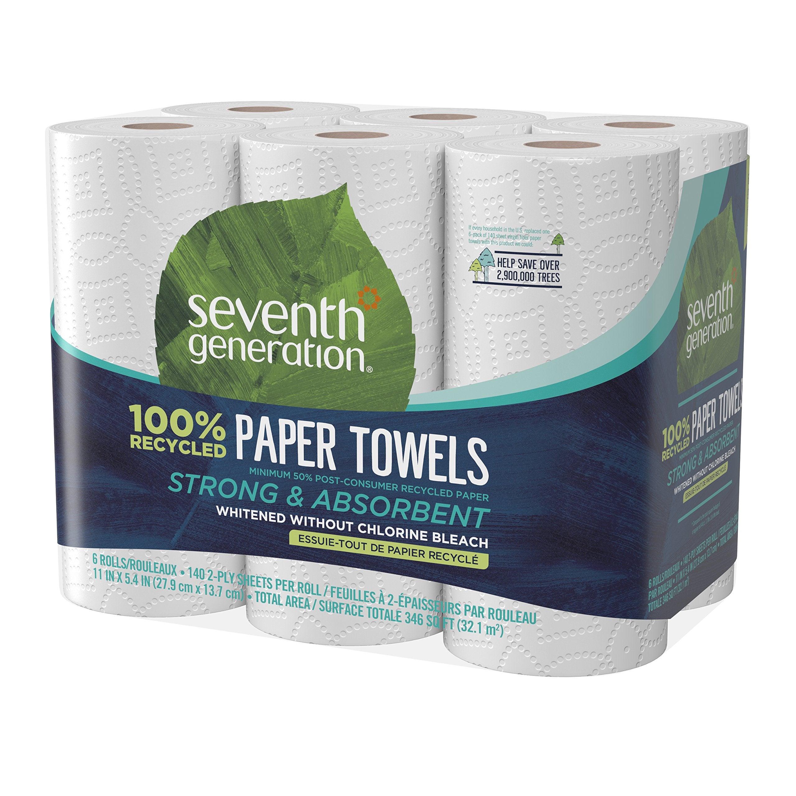 Seventh Generation Paper Towels  100% Recycled Paper  2-Ply  6 Roll  6 Count (Pack of 2)