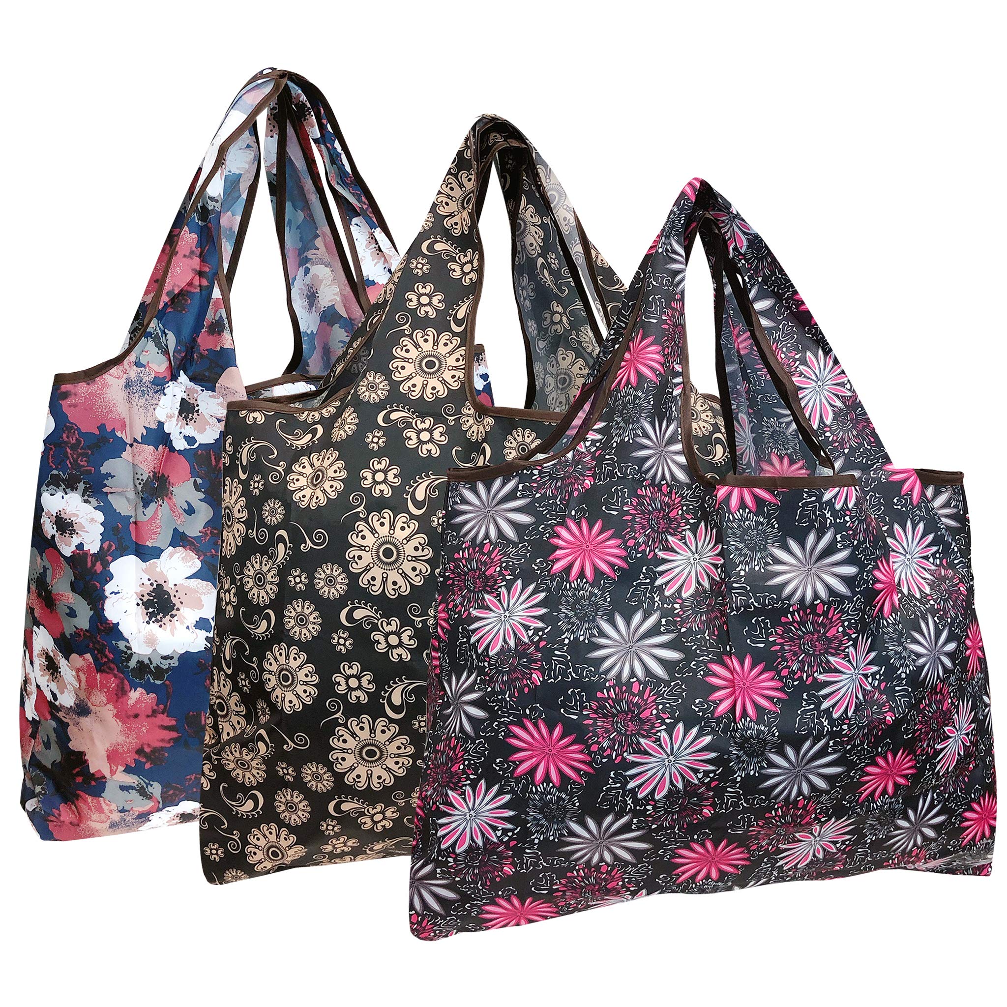 Wrapables Eco-Friendly Large Nylon Reusable Shopping Bags (Set Of 3), Bright Floral
