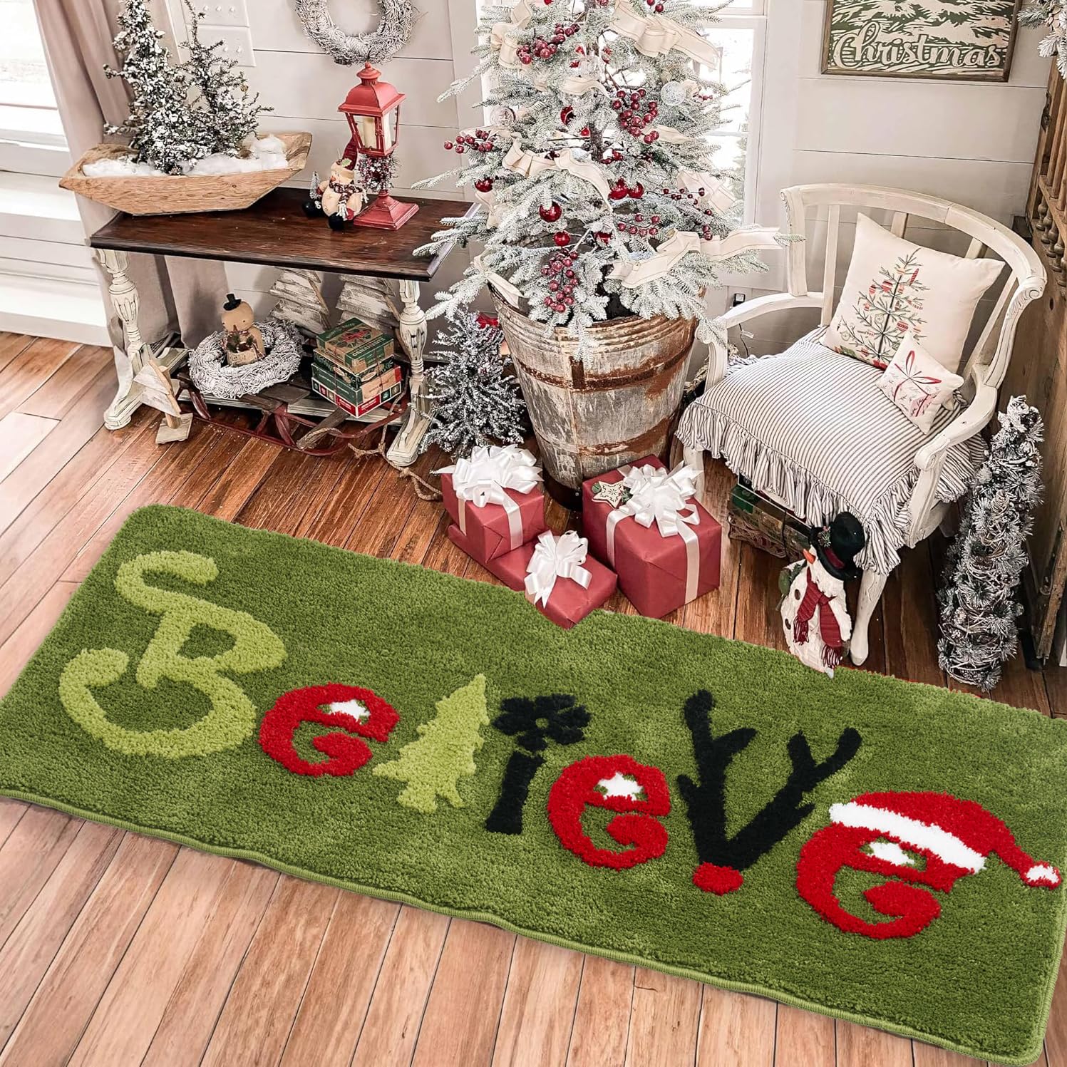 ELDONE Christmas Believe Runner Rug W/Snowflake Reindeer, Cute Christmas Rug Non-Slip for Winter Holiday Decorations, Funny Chri