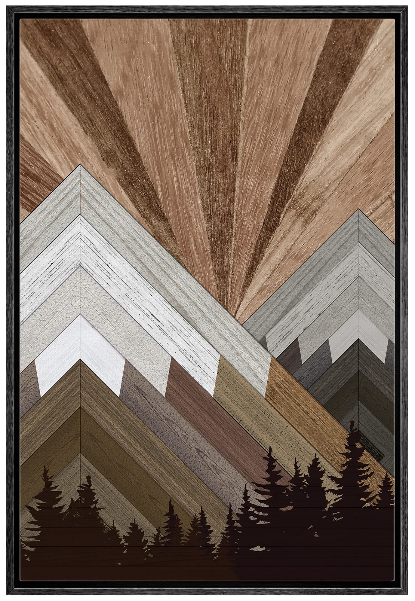 Wall26 Framed Canvas Print Wall Art Western Decor Brown Wood Panel Snowy Mountain Forest Nature Shapes Digital Art Modern Art Ru