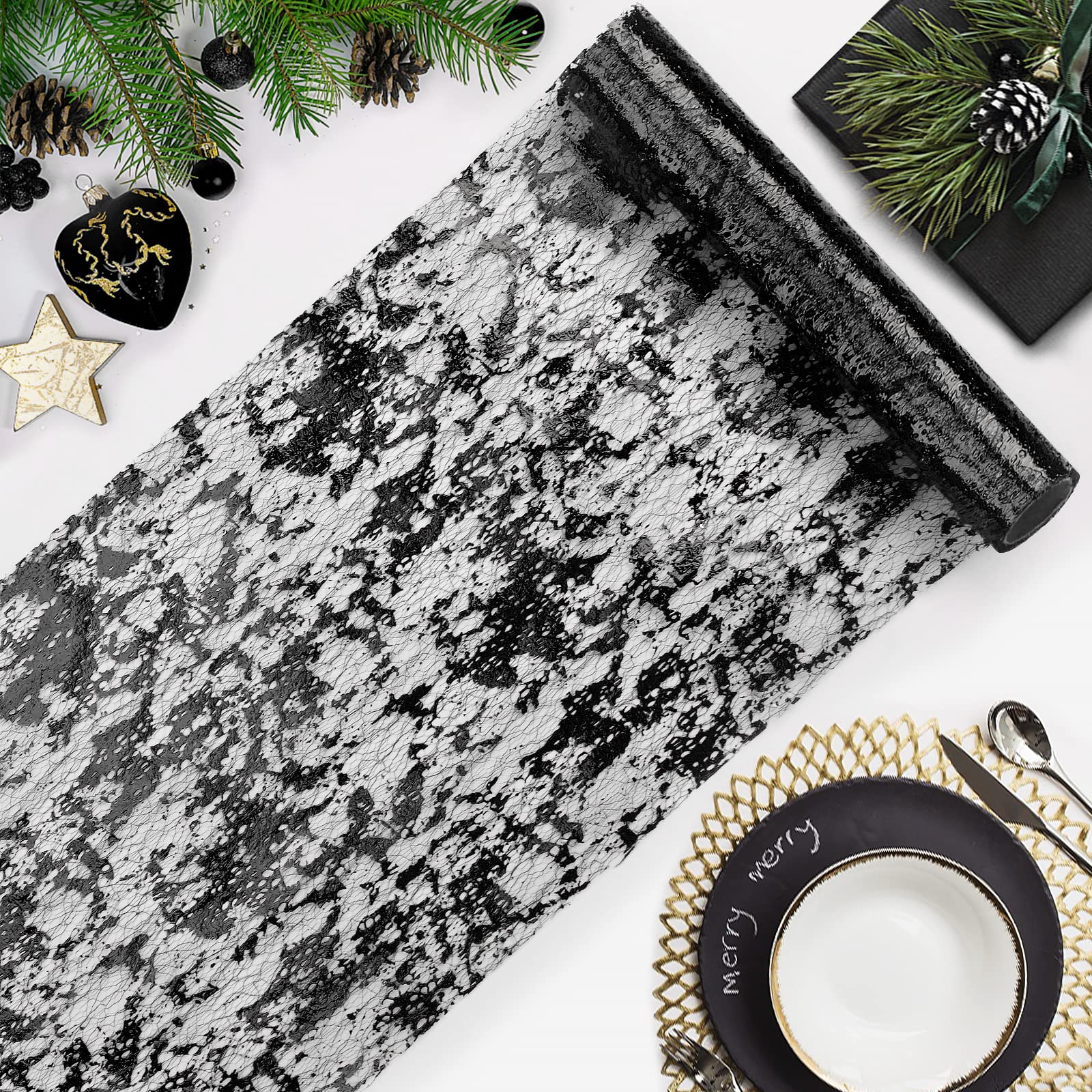 Tiosggd Black Table Runner 11''X192'', Sequin Glitter Metallic Foil Thin Mesh Table Runners Roll, Black Centerpiece Table Decor