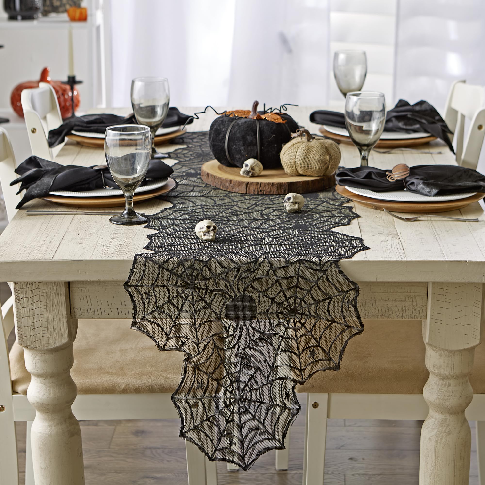 DII Black Lace Overlay Tabletop Collection Gothic Halloween Decor  Table Runner  18x72  Spider Web