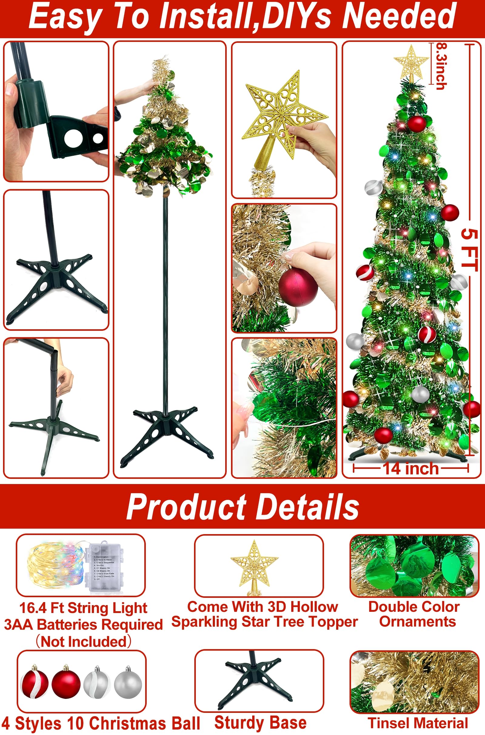 Dual Color Switch&Timer 5 Ft Gold Pop Up Christmas Tree with 50 Warm White&Color Lights 8 Modes, Tinsel Pencil Collapsible Xmas