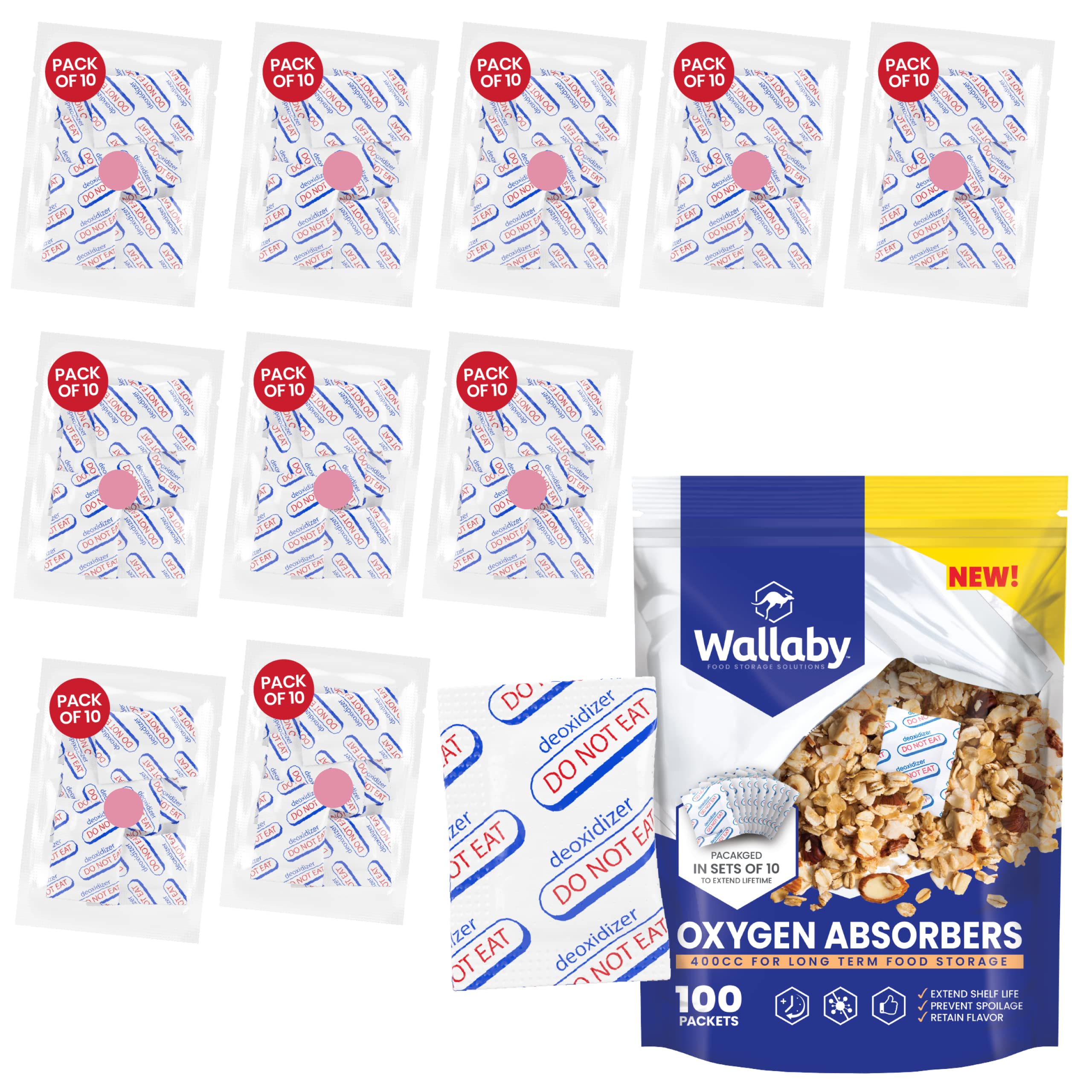 Wallaby 400cc Oxygen Absorbers for Long Term Food Storage 100 count (10? Packs of 10) Bulk - FDA Food Grade Packs for Vacuum Myl