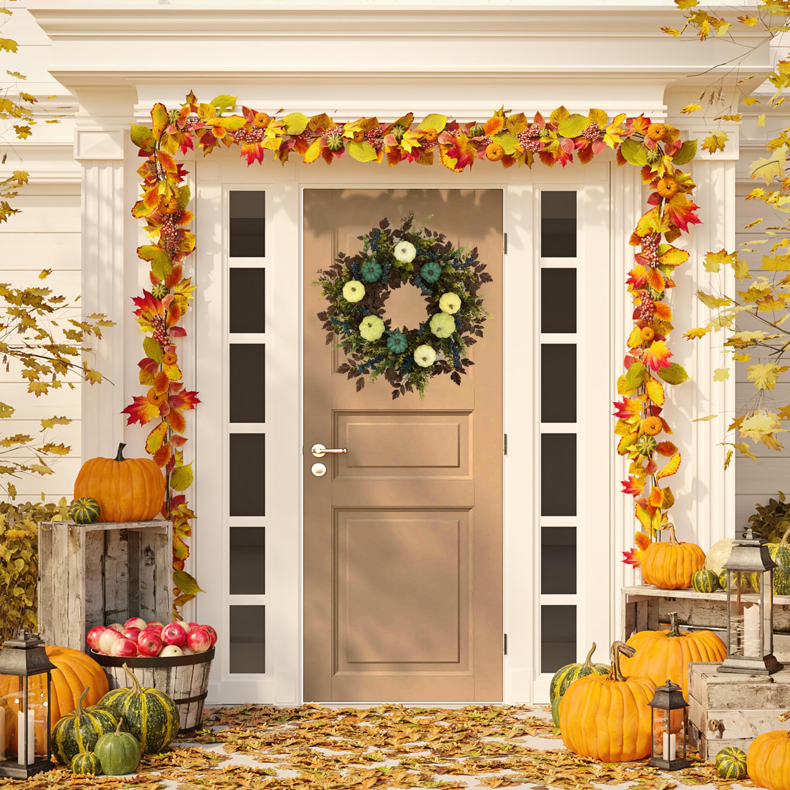 AMF0RESJ Fall Wreaths for Front Door 24 Thanksgiving Autumn Wreath with Pumpkins,Cimicifuga Plant Leaves,Berry for Front Door In