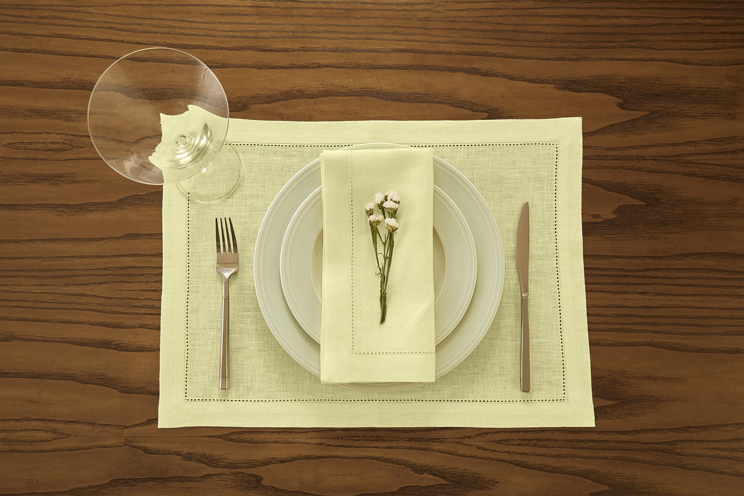 Solino Home Linen Placemats Butter Yellow - 100% Pure Linen Hemstitch Tablemats 14 x 19 Inch - Machine Washable Placemats for Spring  Summer - Set of 4 Milan  Handcrafted from European Flax
