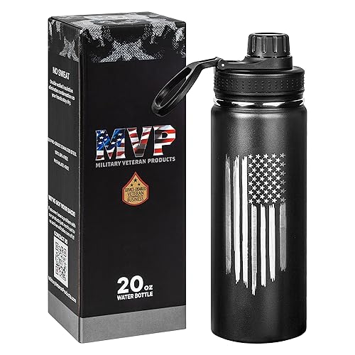 20oz American Flag Water Bottle - USA Double Wall Vacuum Insulated Stainless Steel Great for PT and Outdoor Sports Like Hiking Camping and Cycling