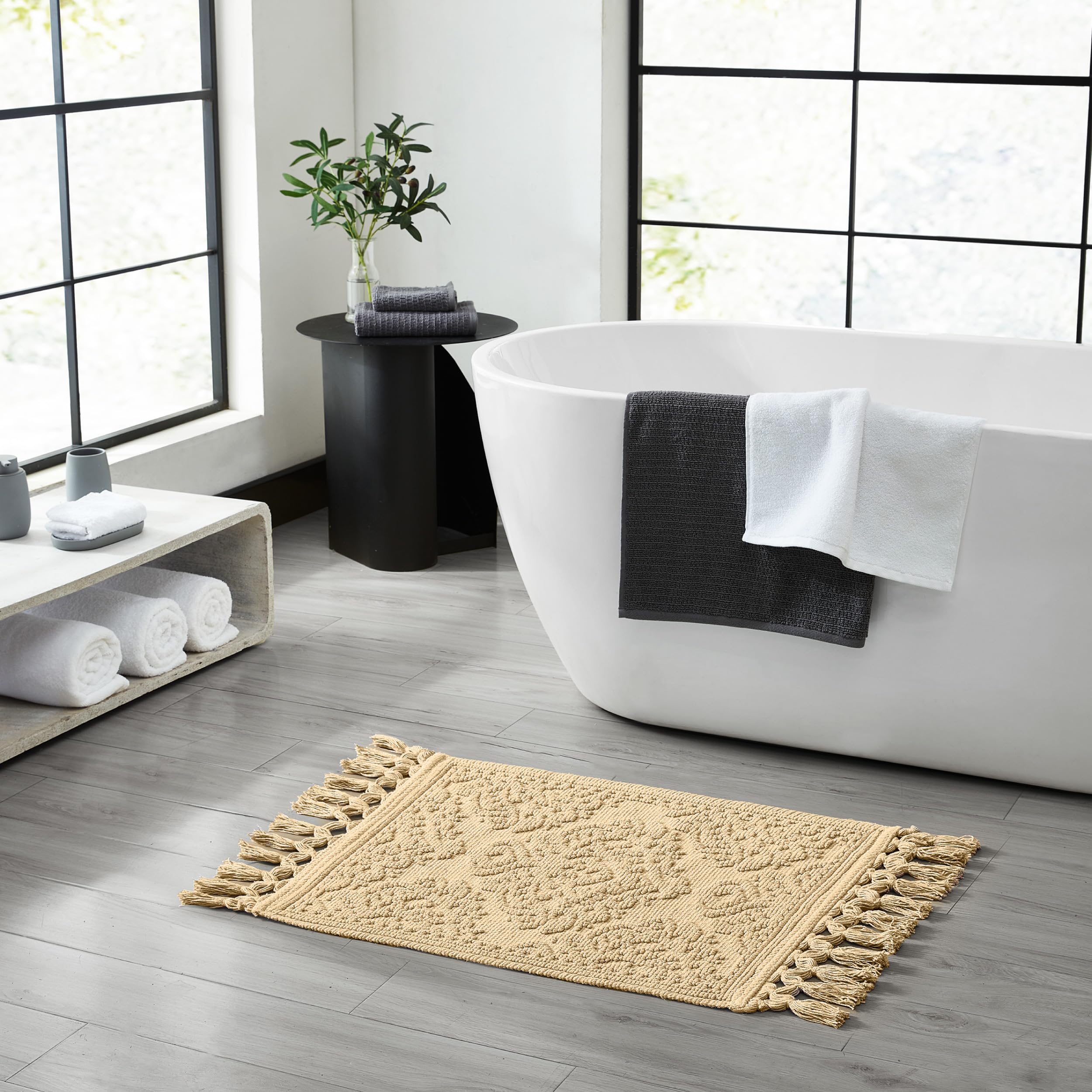 Jean Pierre - Ricardo Bath Mat, Woven Fringe Bathroom Rugs, 100% Cotton, Premium Bathroom Decor - Measures 17'' X 31'' - Linen