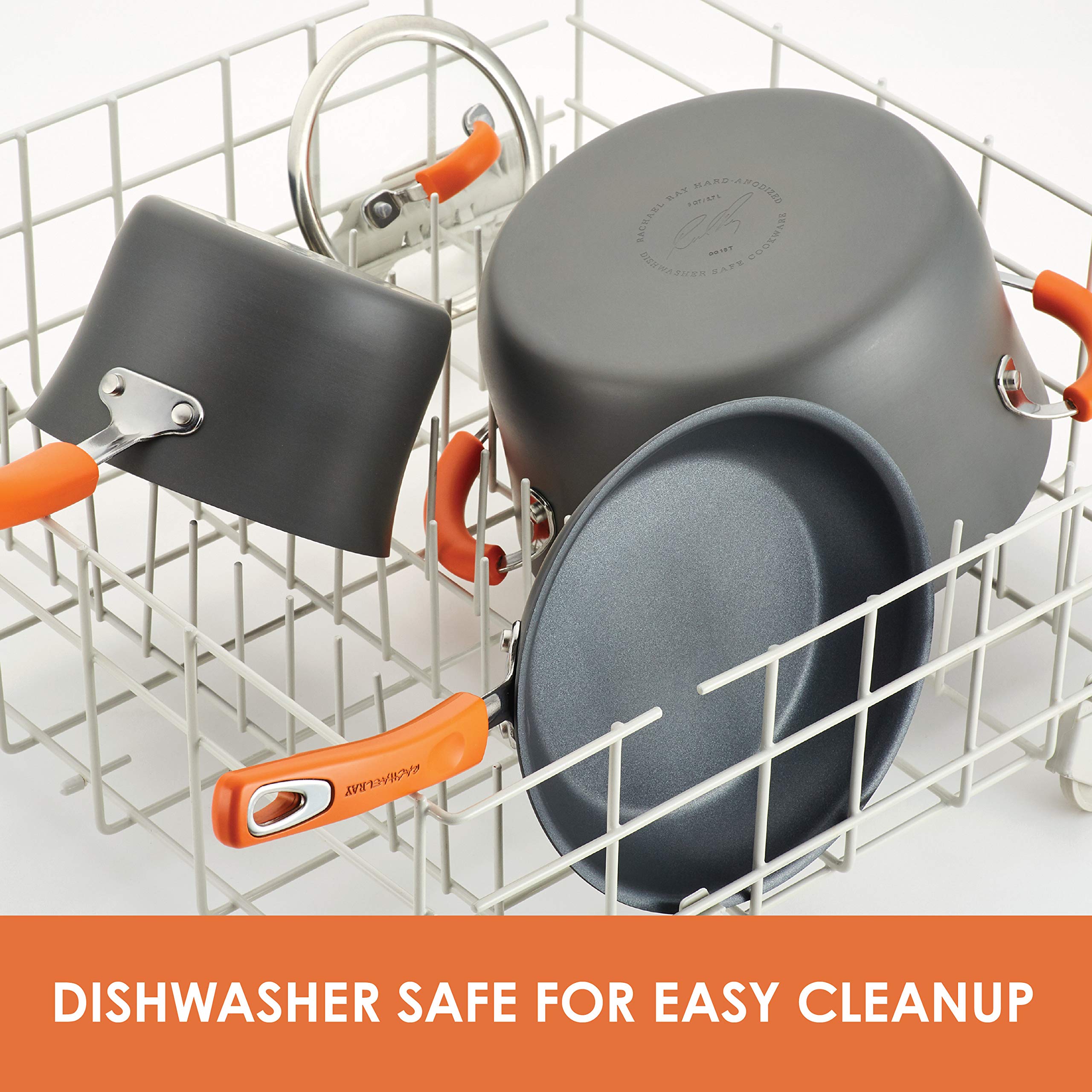 Rachael Ray Brights Hard-Anodized Aluminum Nonstick Cookware Set with Glass Lids, 10-Piece Pot and Pan Set, Gray with Orange Han