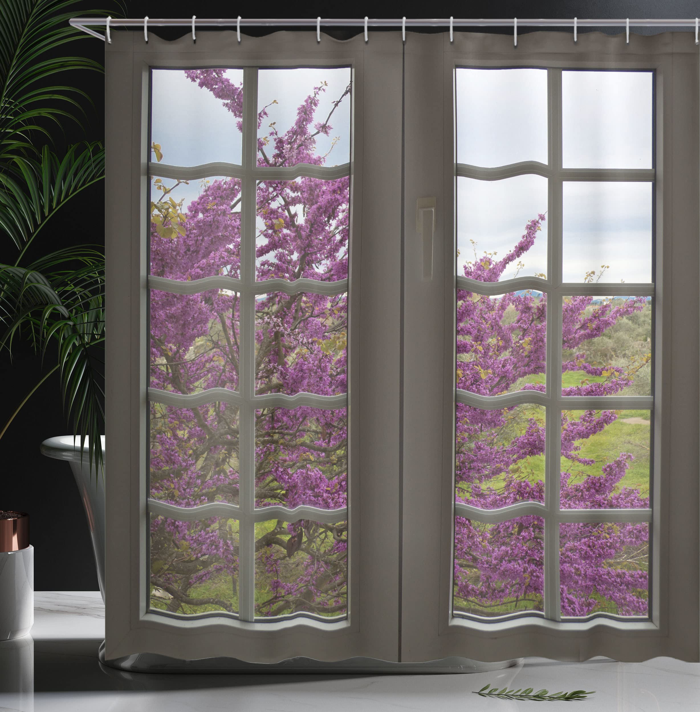 Ambesonne Country Shower Curtain, Romantic View Through The Window To Countryside Of Purple Colored Flowers Spring Blooms Branch