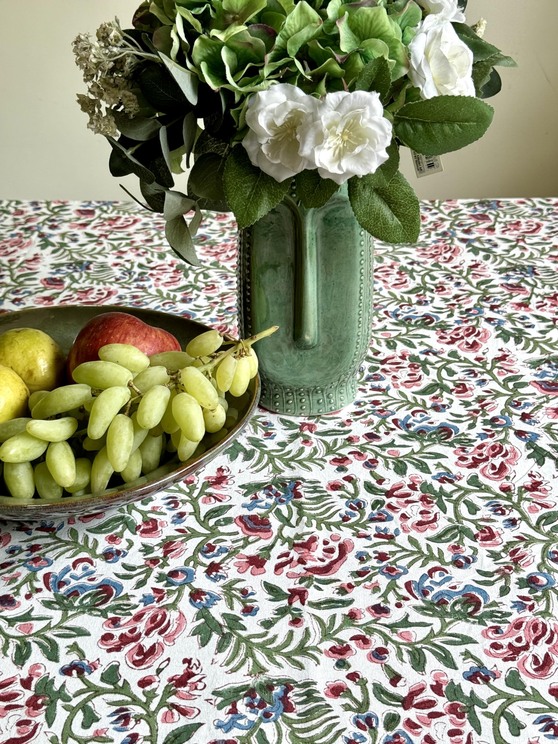 Atosii Ambrosia 100% Cotton Rectangle Boho Spring Summer Tablecloth, Handblock Floral Table Cloth Linen For Kitchen Dining Parti