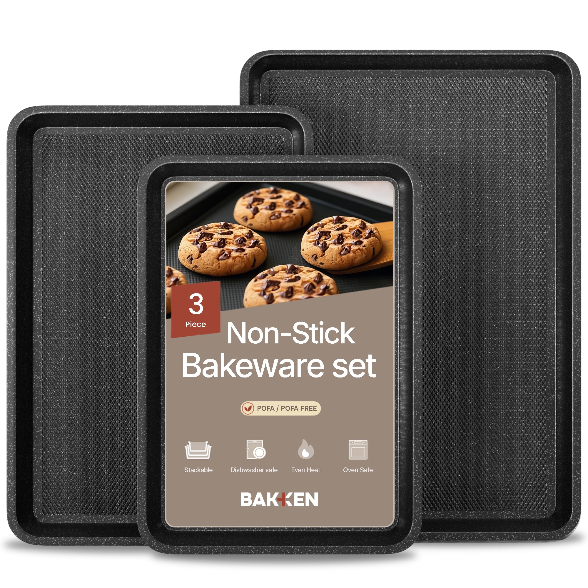 BAKKEN Kitchen Baking Pans - Small, Medium, and Large Cookie Pan (13.58  9.65, 15.75  11, 17.91  12.60), Nonstick, Diamond Textu