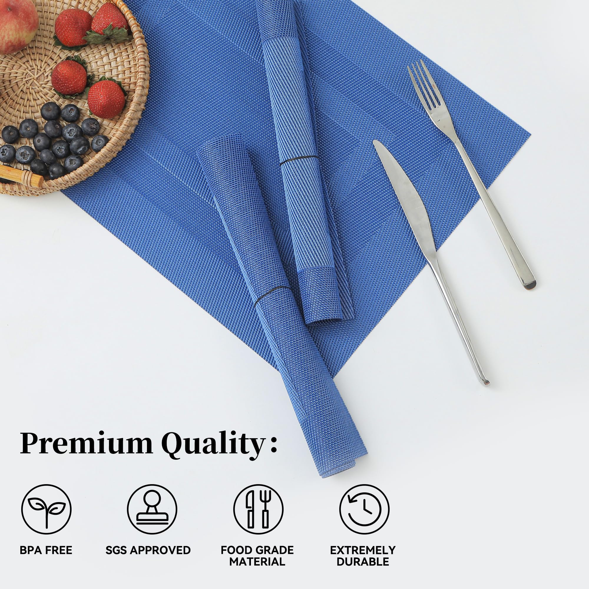 Leetaltree Blue Frame Placemats Set Of 8 - Heat Resistant Non-Slip Place Mats For Dining Table, Washable Durable Pvc Vinyl Woven