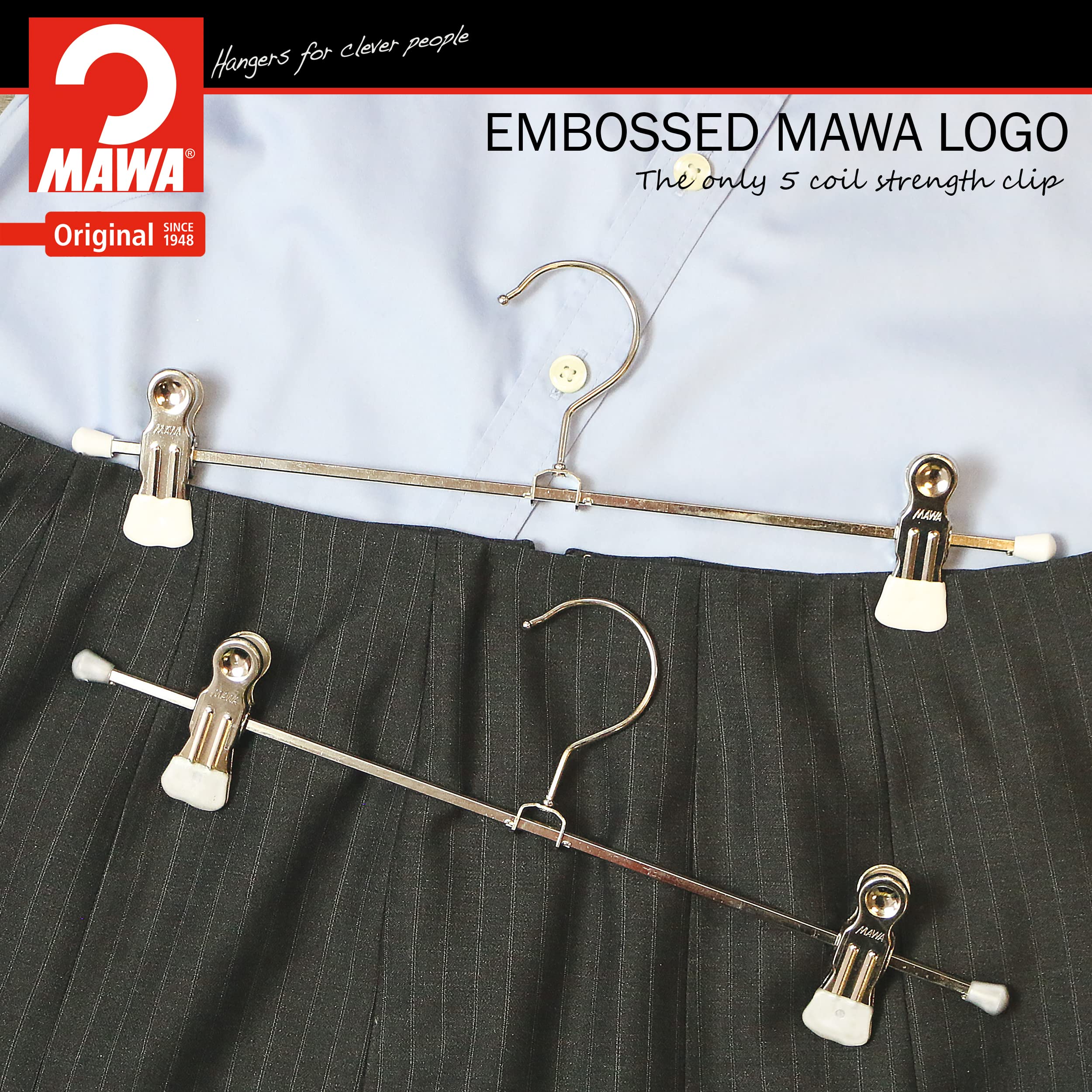 Mawa by Reston Lloyd Space-Saving Clothes Hanger for Pants and Skirts with Two Non-Slip Clips  Style K/30D  12-Inch  Set of 12  White