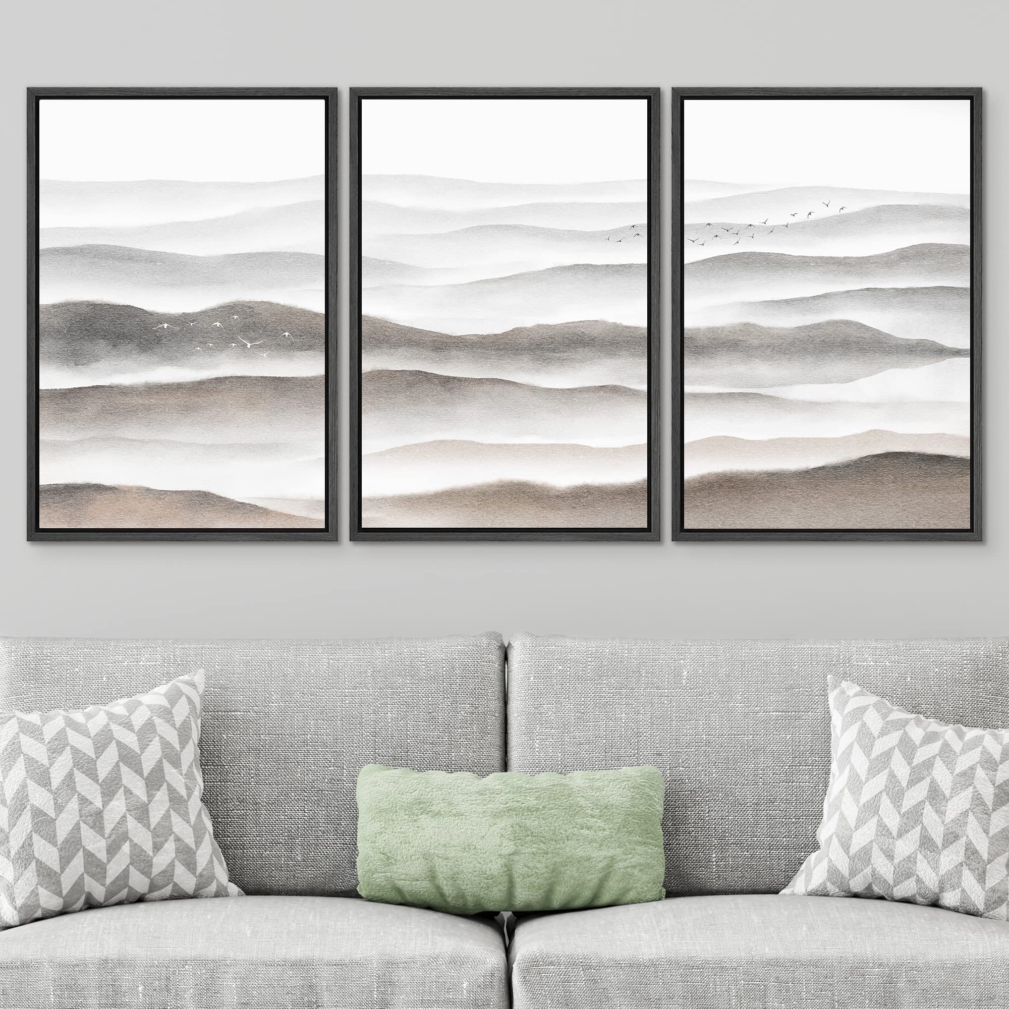 Signwin Framed Canvas Print Wall Art Set Brown Black Misty Mountain Range Sky Nature Wilderness Illustrations Modern Art Decorat