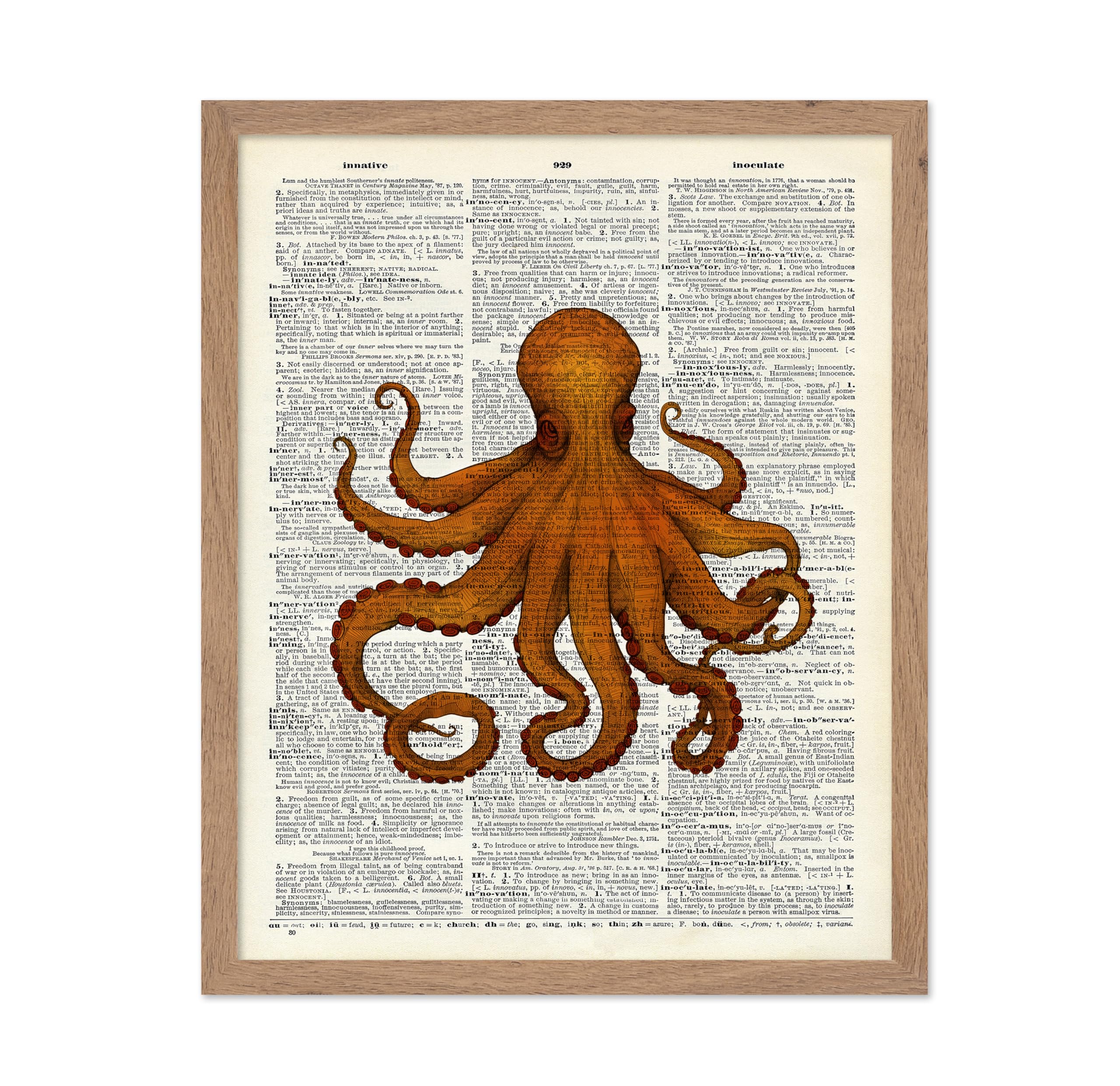 Poster Master Dictionary Art Poster - Orange Octopus Print - Octopus Art - Kraken Art - Gift for Men, Women, Animal Lover - Naut