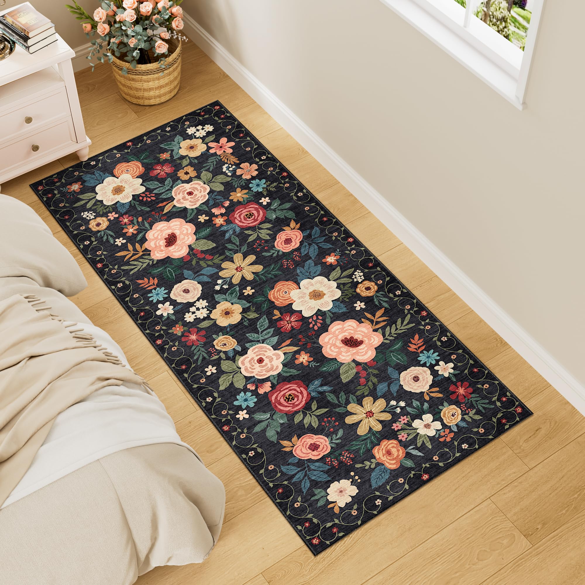 DUKINO 2x5 Runner Rug for Hallway, Washable Kitchen Floral Runner Rug with Non Slip Backing, Low Pile Soft Boho Carpet for Kitch