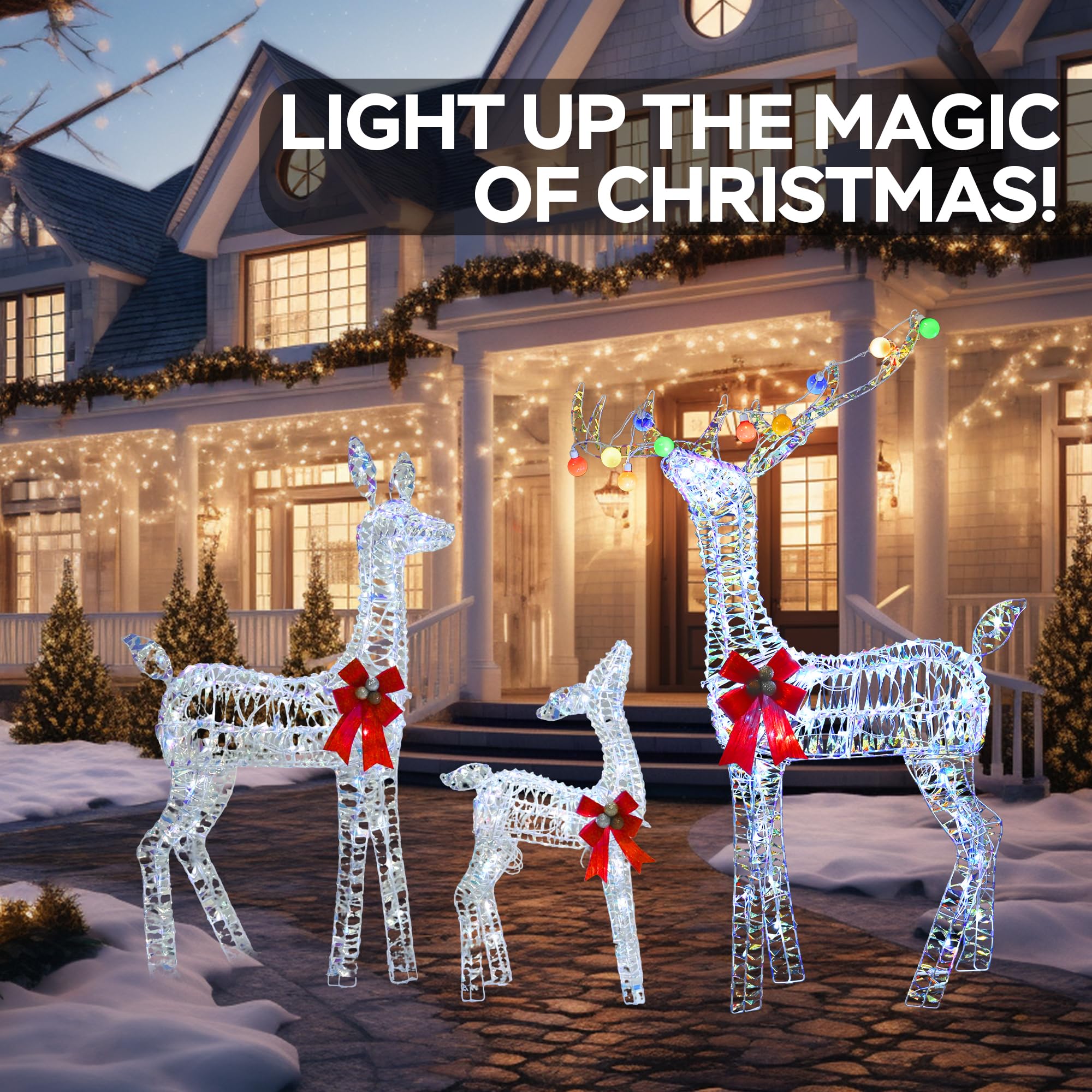 VELTENOVAIRE Outdoor Lighted Reindeer Family Christmas Decor, 52  H Iridescent Deer 3D Holiday Yard Decorations with 200 White L
