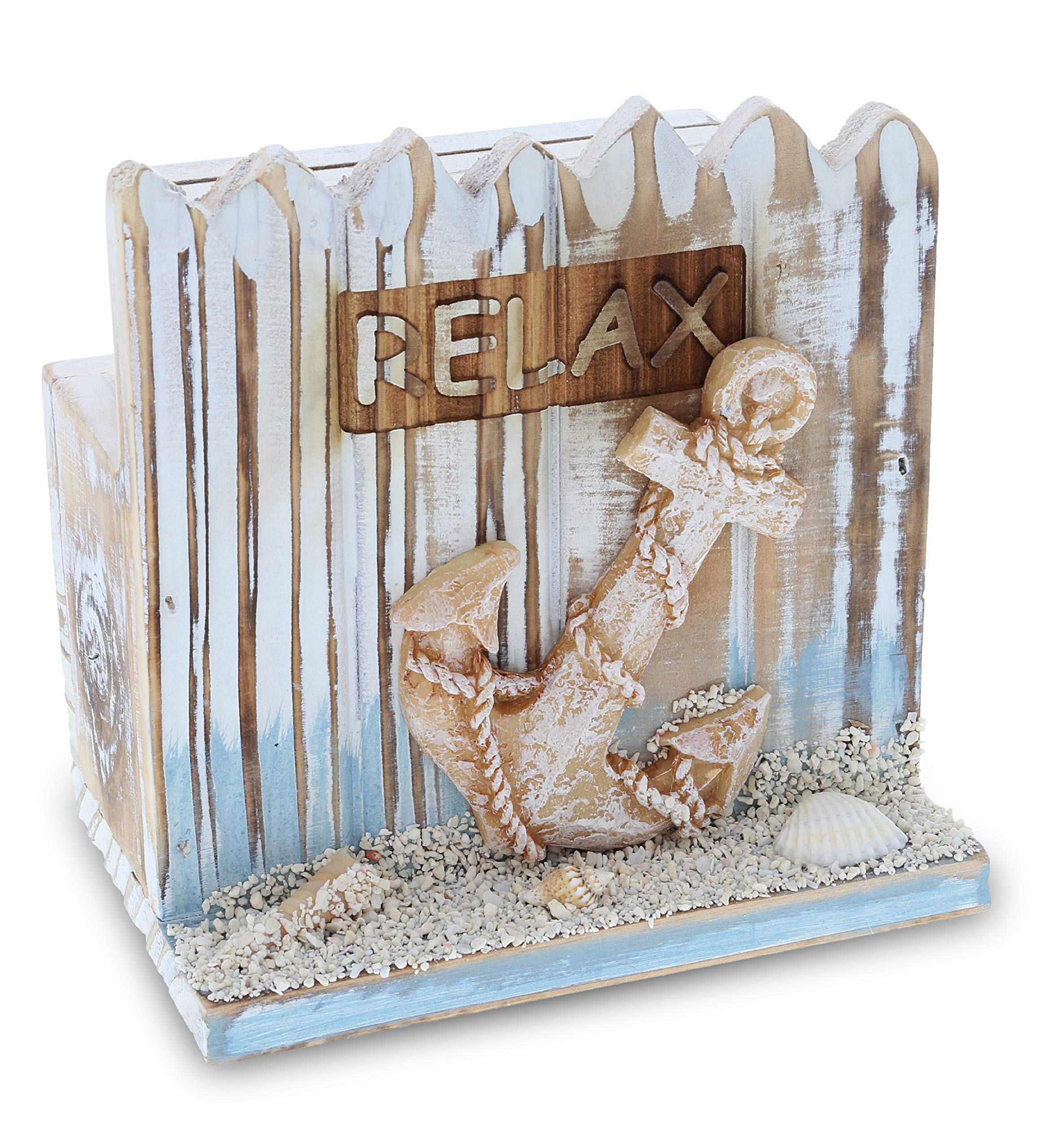 Cota Global Coastal Horizon Nautical Wooden Coaster Set - Rustic Square Coaster Set With Holder, Cute Beach Theme Drink Coasters