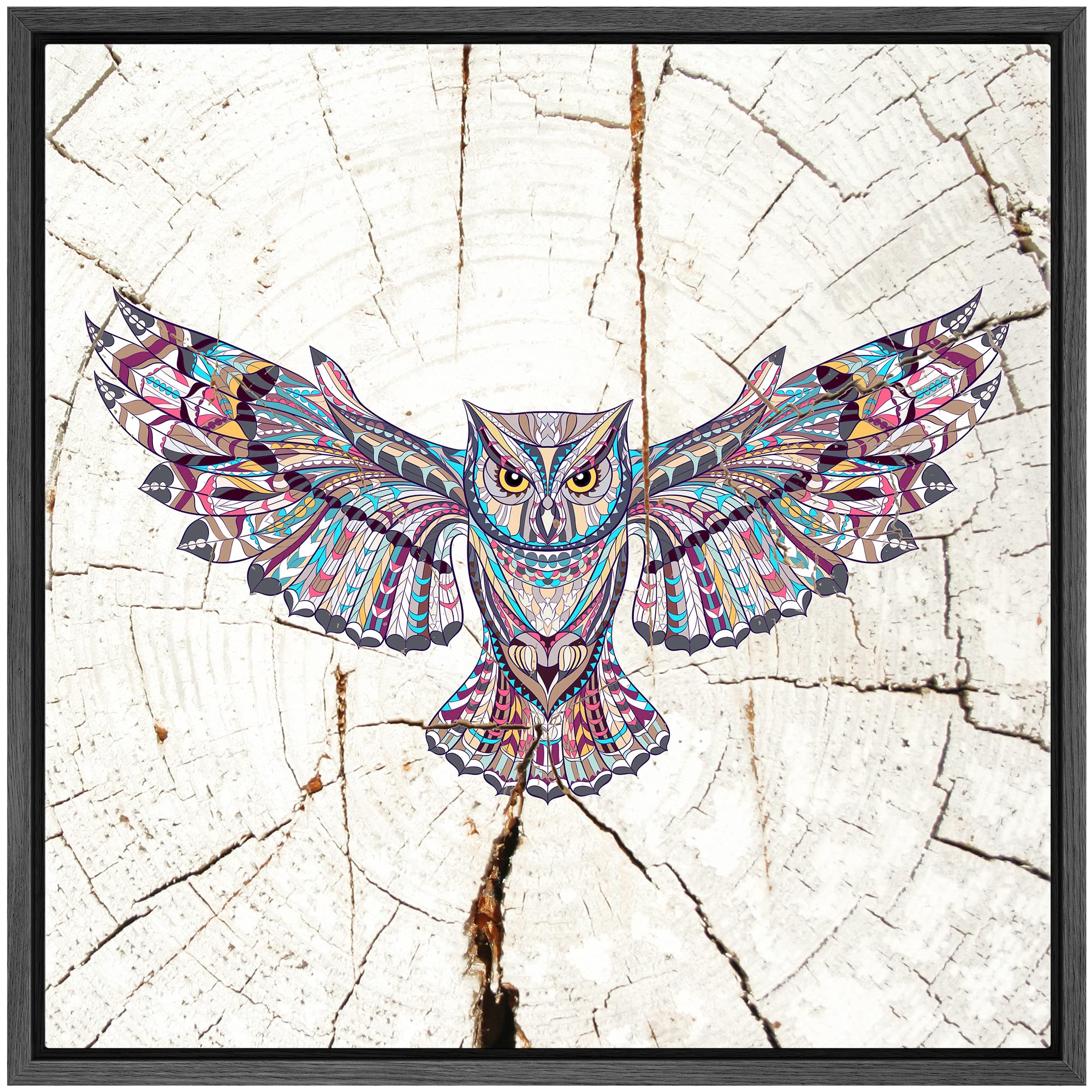 Wall26 Framed Canvas Print Wall Art Wood Ring Effect Tribal Pattern Owl Animals Wildlife Wood Modern Art Farmhouse/Country Expre