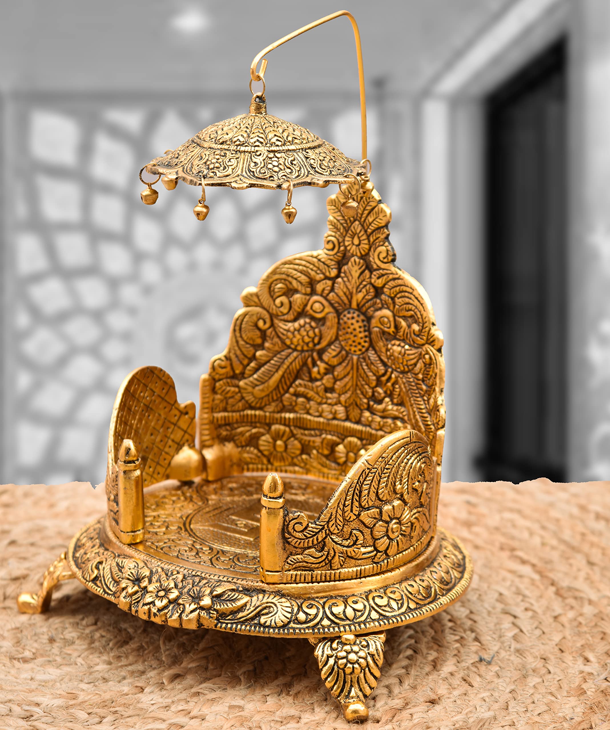 Nirmal Handicraft Gold Metal Handicraft Pooja Jhula | Swing| Palana | Ladoo Gopal Singhasan |Nand Gopal Palana | Hindola For Lad