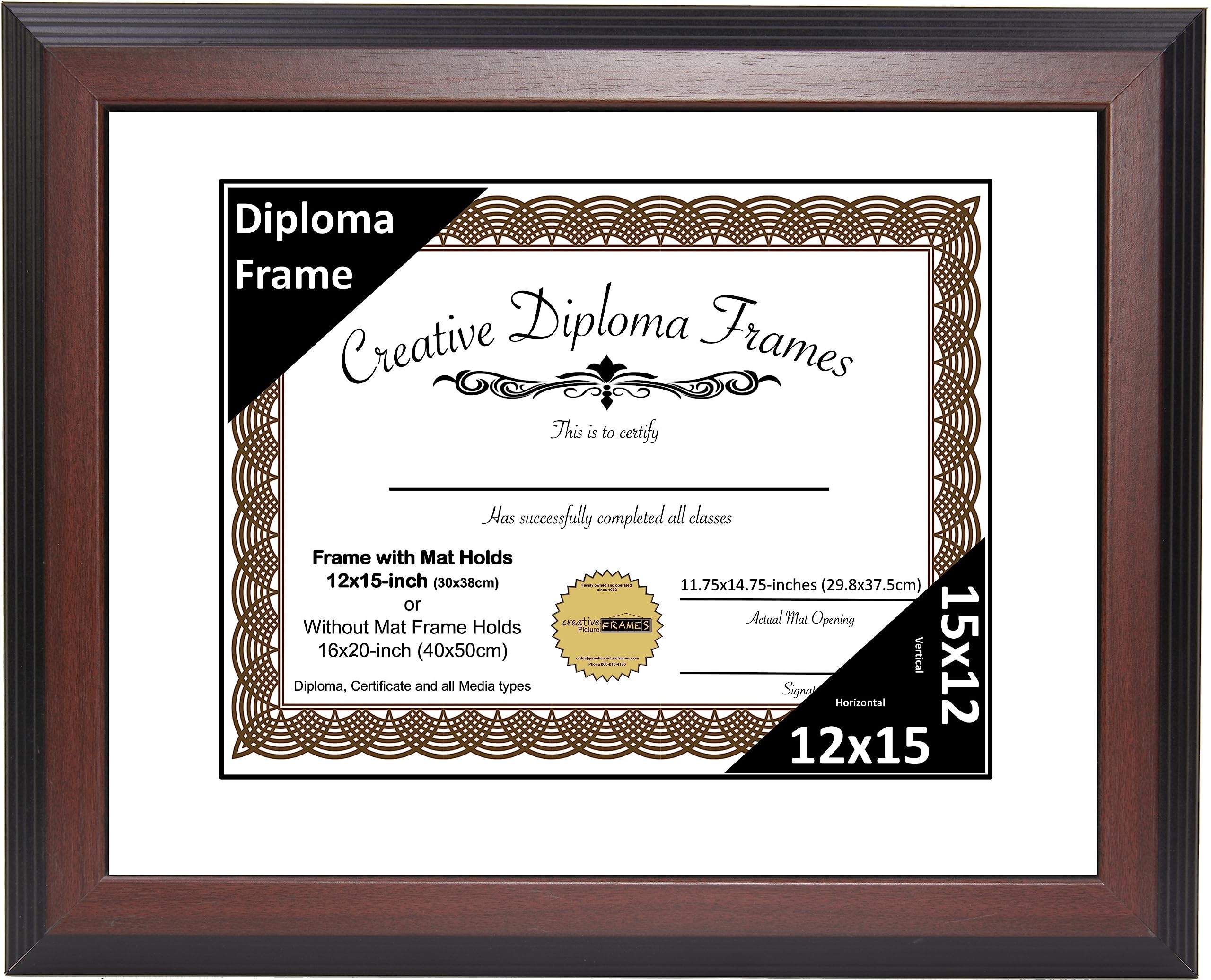 Creative Picture Frames 12x15 Mahogany Finish Diploma Frame with White Matting Holds 12 by 15-inch Documents with Glass and inst