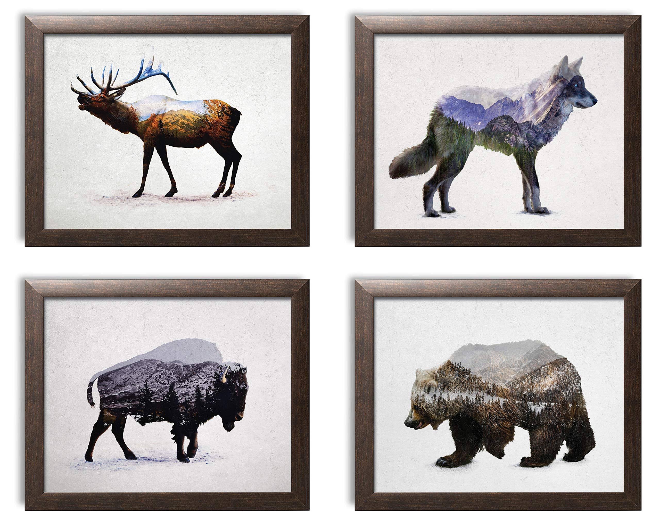 Rustic Double Exposure Elk, Bison, Wolf And Bear Landscape Set; Cabin Lodge Decor; Four 14X11In Brown Framed Prints; Ready To Ha