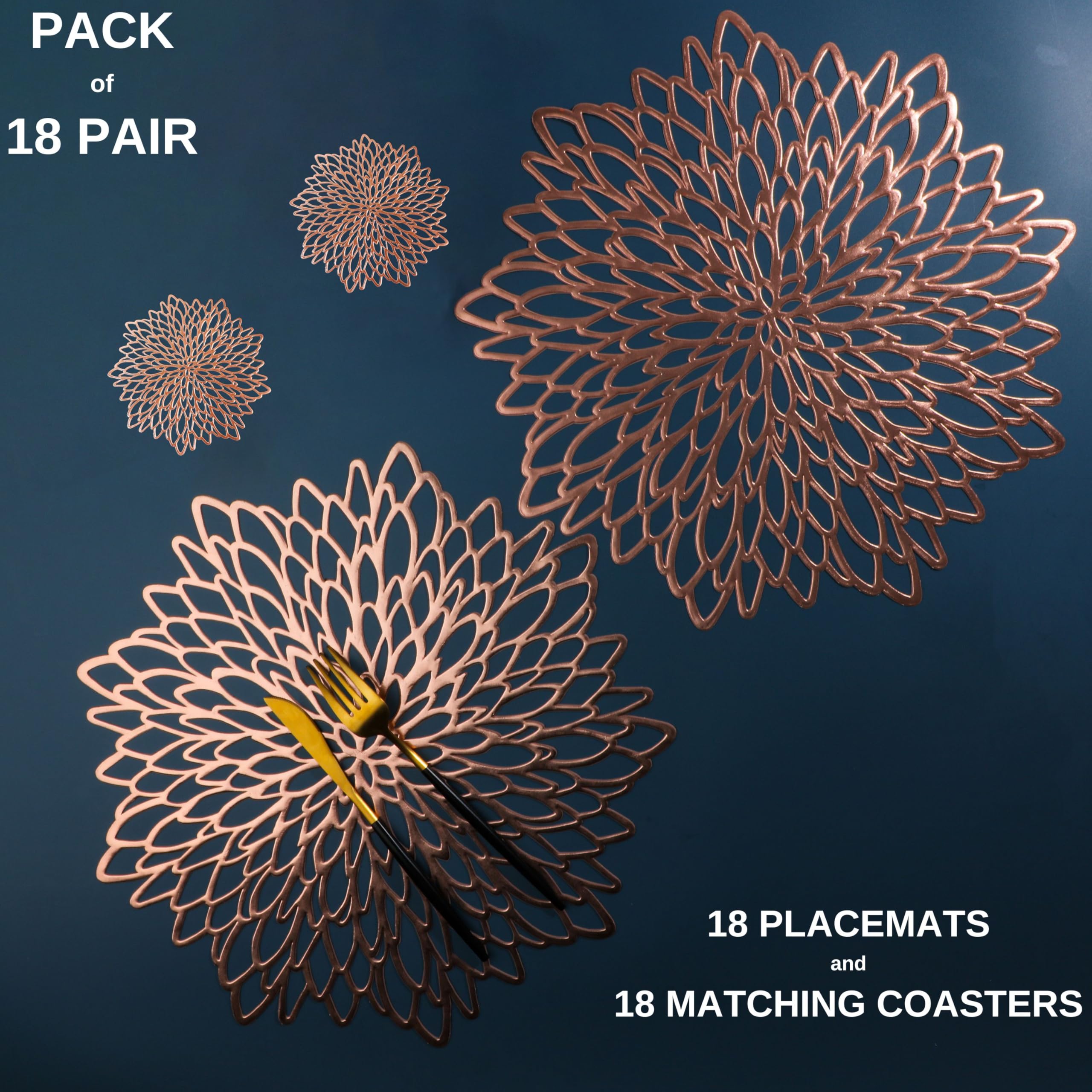 Snowkingdom 18 Pairs Rose Gold Placemats & Coasters 36 Pcs Pink Metallic Pressed Vinyl Bulk For Dinning Table Mats Round Floral