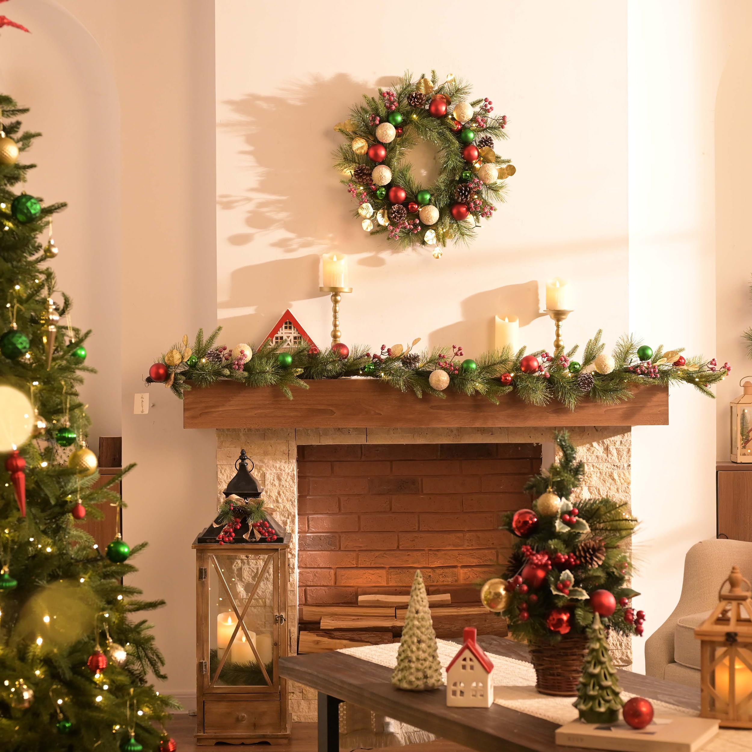 Valery Madelyn 6 Ft Pre-Lit Christmas Garland with Light for Mantle, Lighted Outdoor Xmas Garland with Red Green Gold Ball Norfo