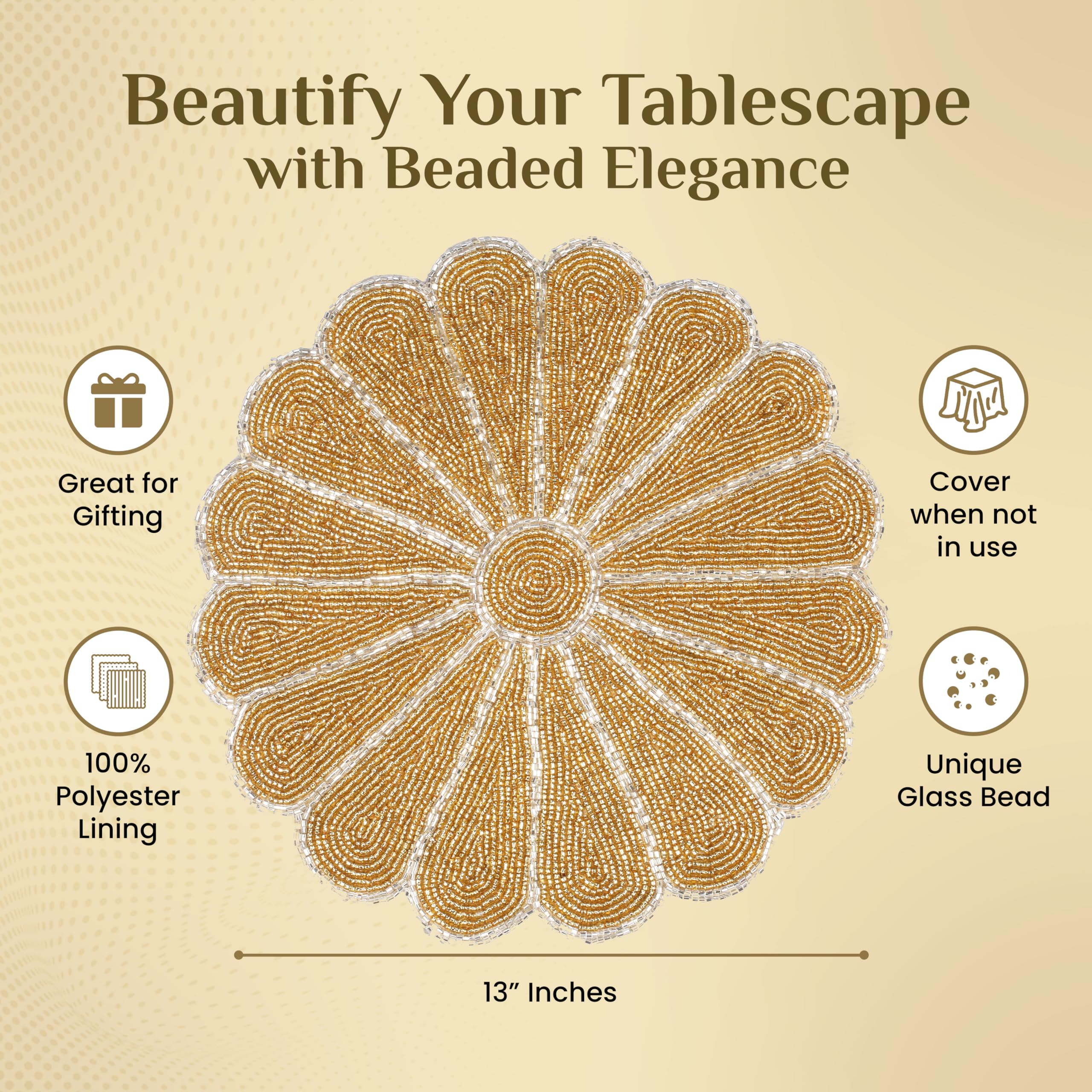 Alpha Living Home Beaded Scallop Placemats For Dining Table - Pack Of 2 Measure 13 Inches Beaded Placemats Round For Gathering,