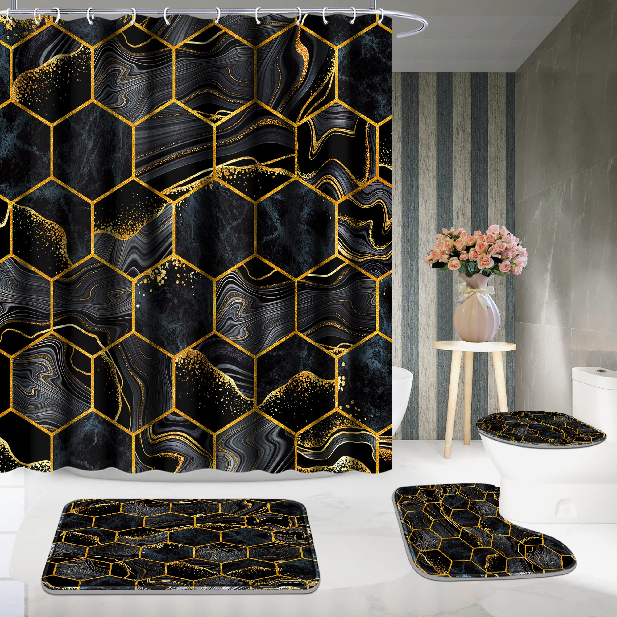 Poedist Shower Curtain Set with Non-Slip Rugs, Waterproof, 71"W x 71"L, Black, Polyester