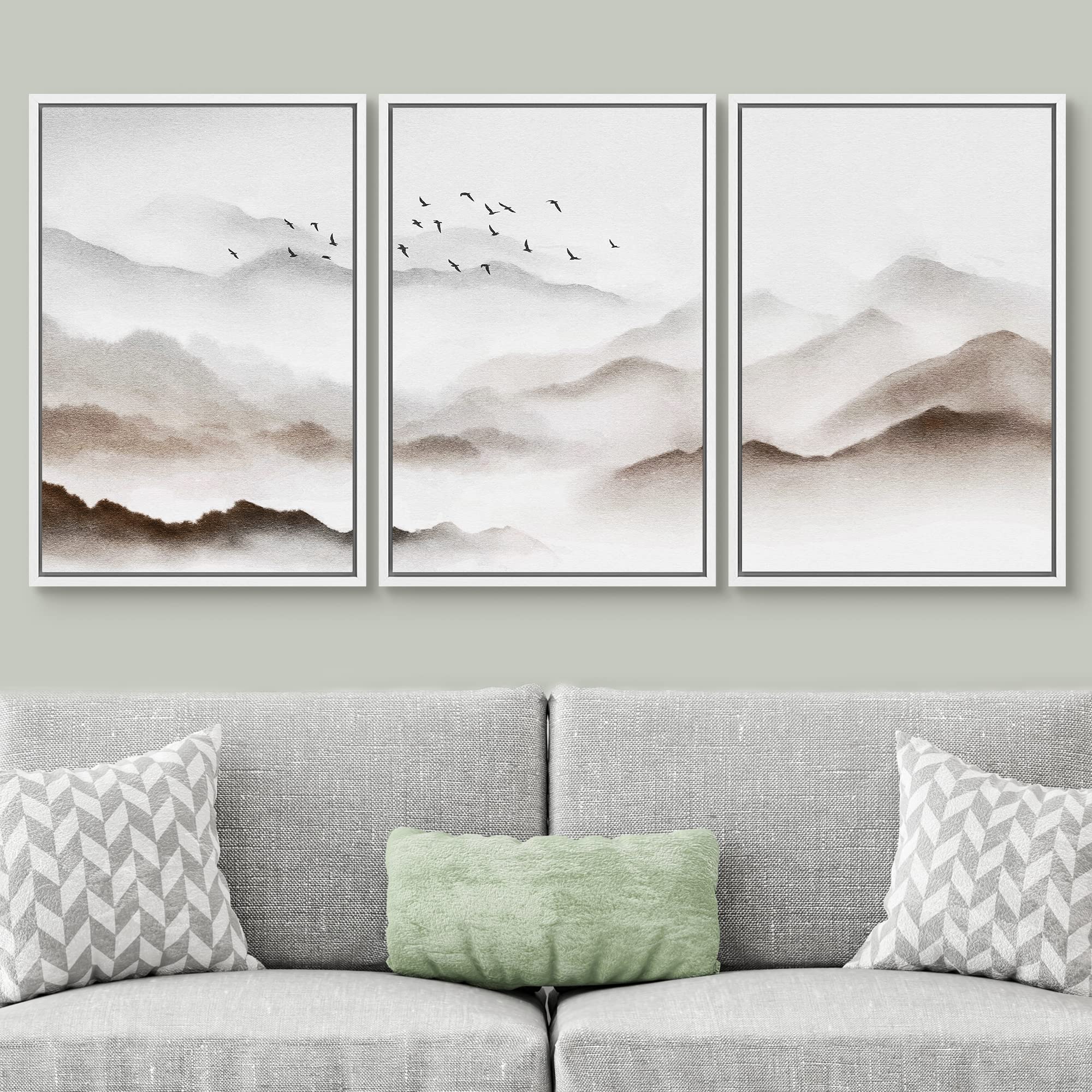 Signwin Framed Canvas Print Wall Art Set Birds Over Pastel Mist Mountain Range Nature Wilderness Illustrations Modern Art Decora