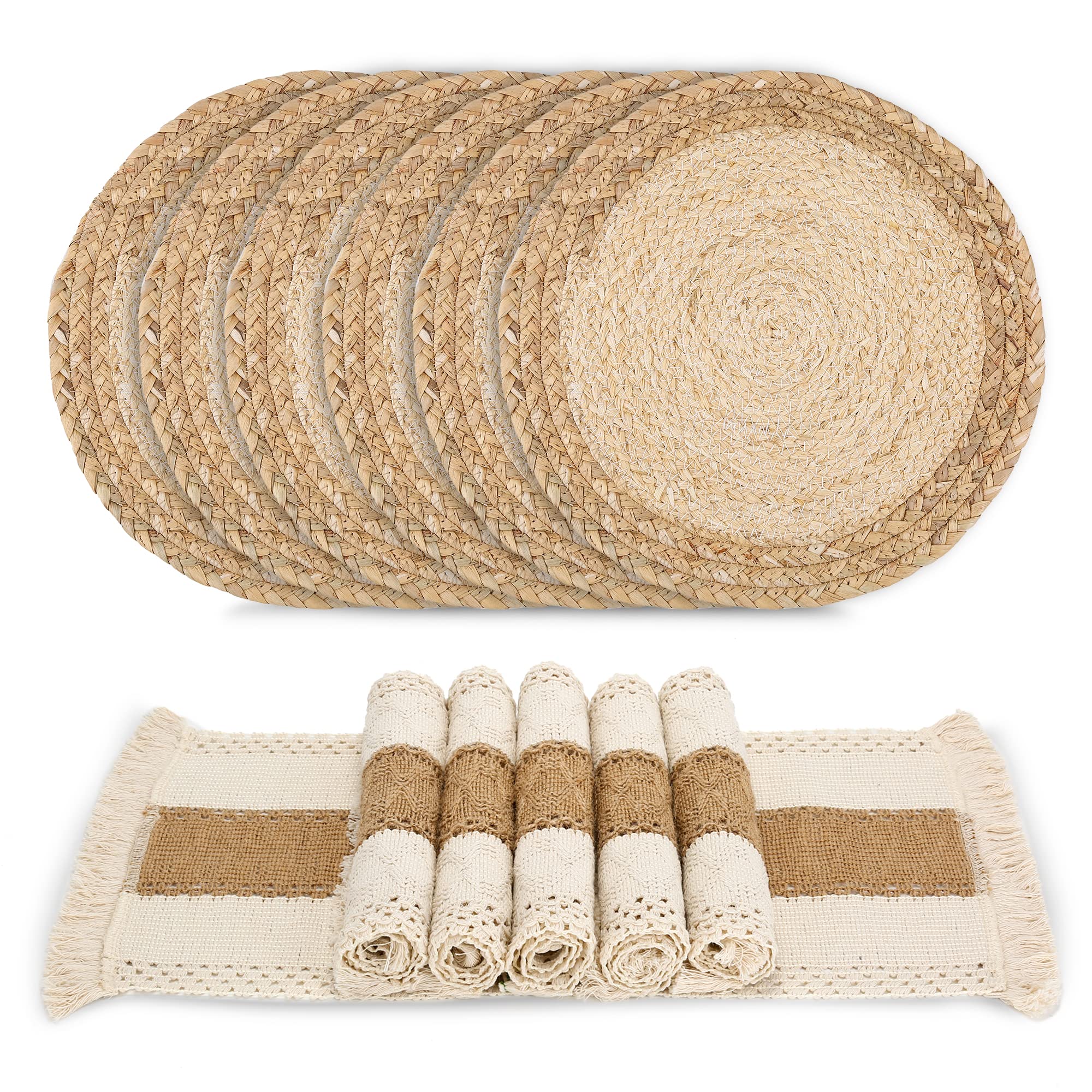 Zology Handmade Boho Placemats Set Of 6 - Natural Cotton Burlap And Water Straw Woven Combination Table Mats, Macrame D   Cor An