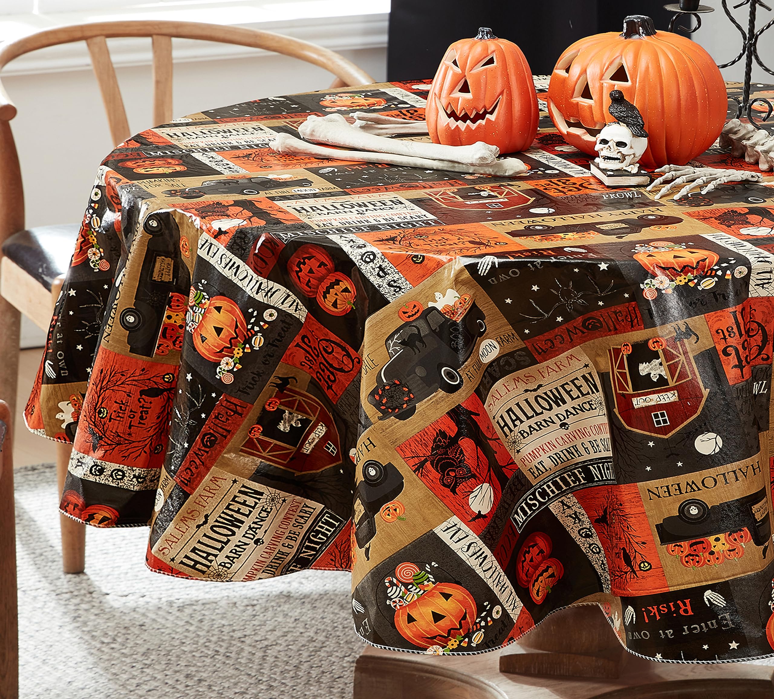 Newbridge Halloween Rustic Spooky Farm 70 Inch Round Vinyl Tablecloth With Flannel Backing, Scary Country Farmyard Ghosts, Haunt