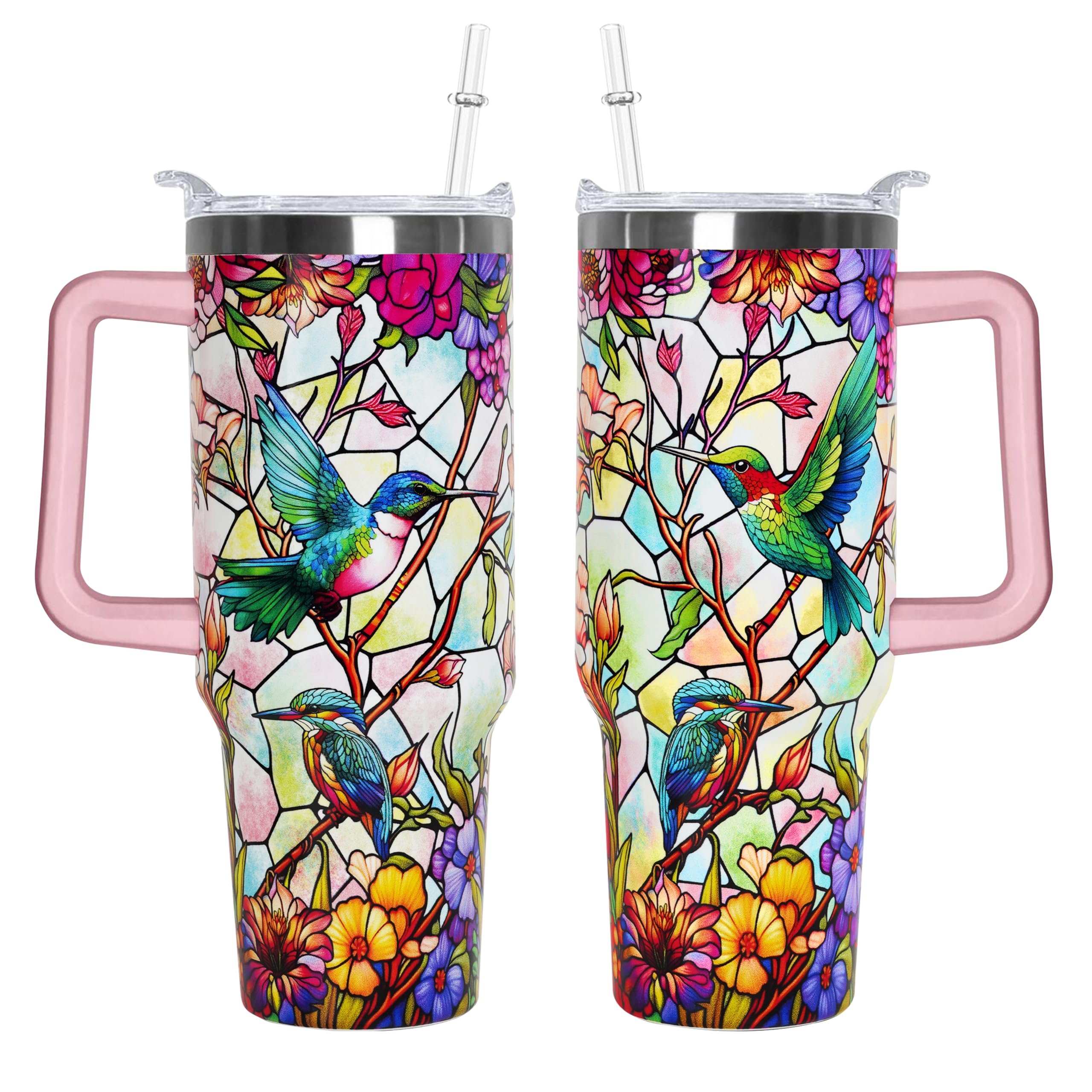 omezin 40 Oz Hummingbird Tumbler With Handle 40oz Hummingbird Theme Tumbler With Lid Straw Double Insulated Travel Coffee Mug Wo