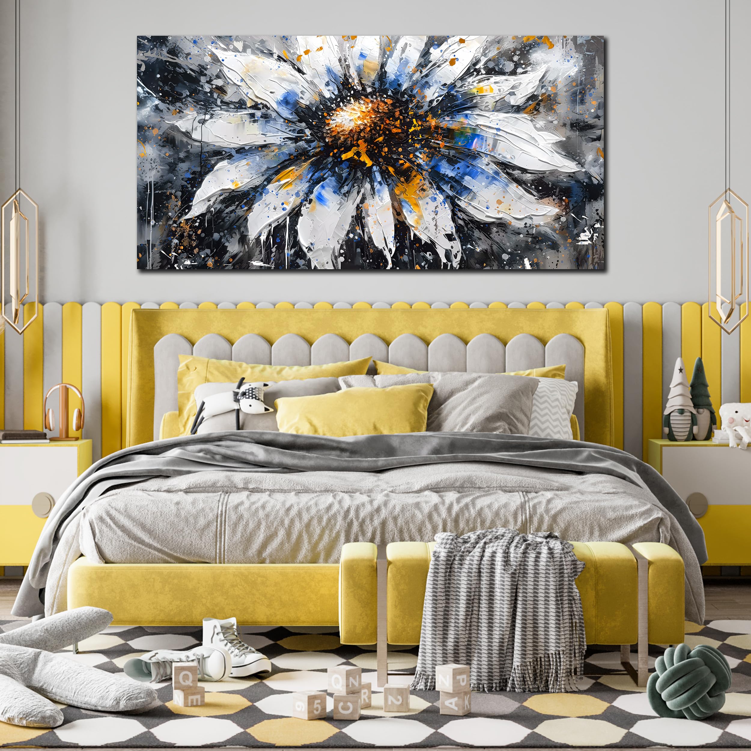 Kepgonegu Large Canvas Wall Art For Living Room Bedroom Large White Blue Flower Picture Gray Canvas Prints Home Decor Ready To H
