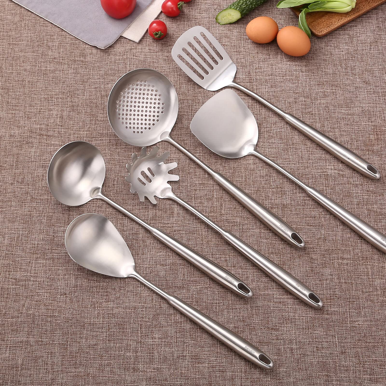 304 Stainless Steel Kitchen Utensils Set, 6 Pcs Metal Professional Cooking Spoons, Kitchen Tools - Wok Spatula, Ladle, Skimmer S