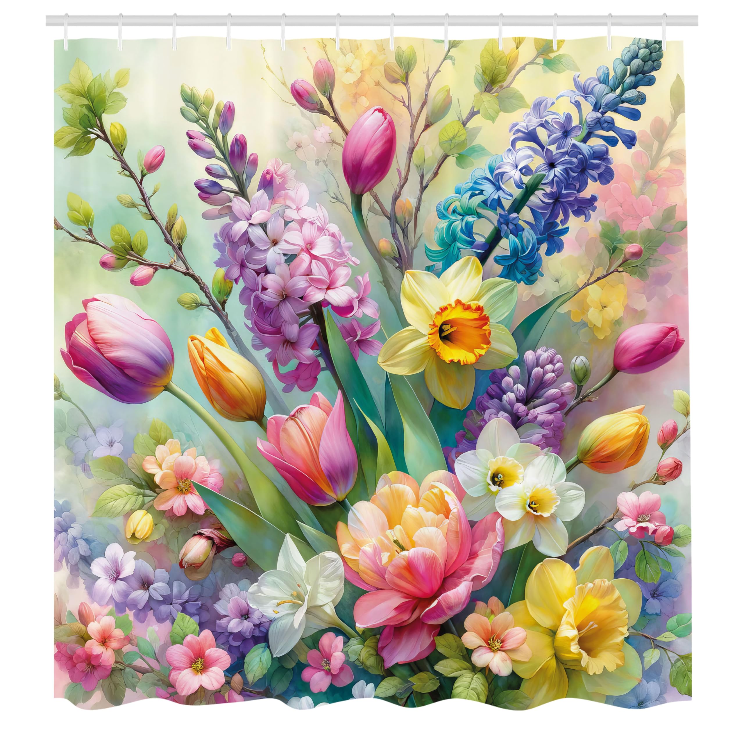 Ambesonne Spring Shower Curtain, Colorful Dreamy Scenario Of Blooming Roses Lavender And Peony With Leaves, Cloth Fabric Bathroo