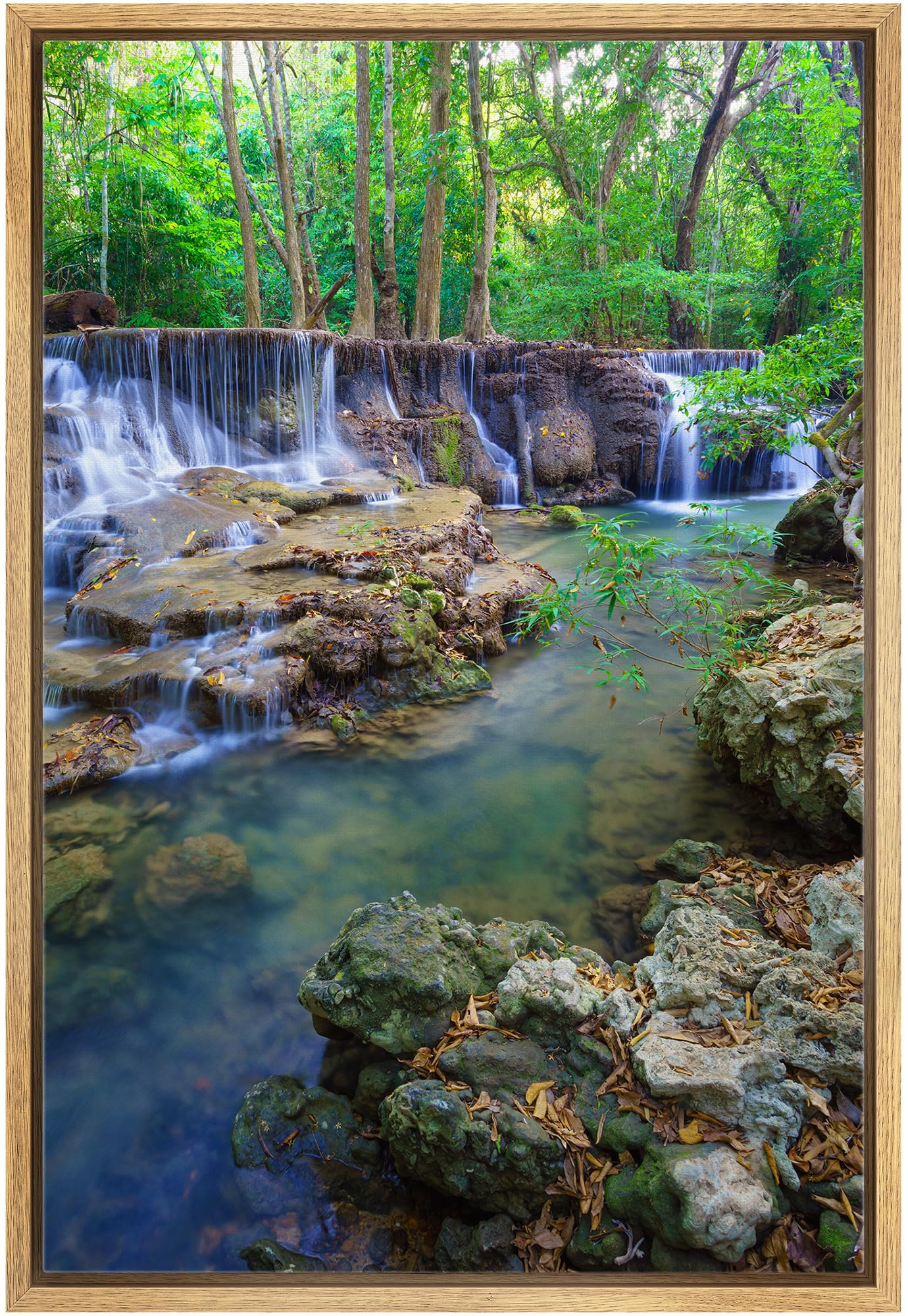 Wall26 Framed Canvas Print Wall Art Forest River & Waterfall In Thailand Floral Plants Photography Realism Rustic Scenic Colorfu