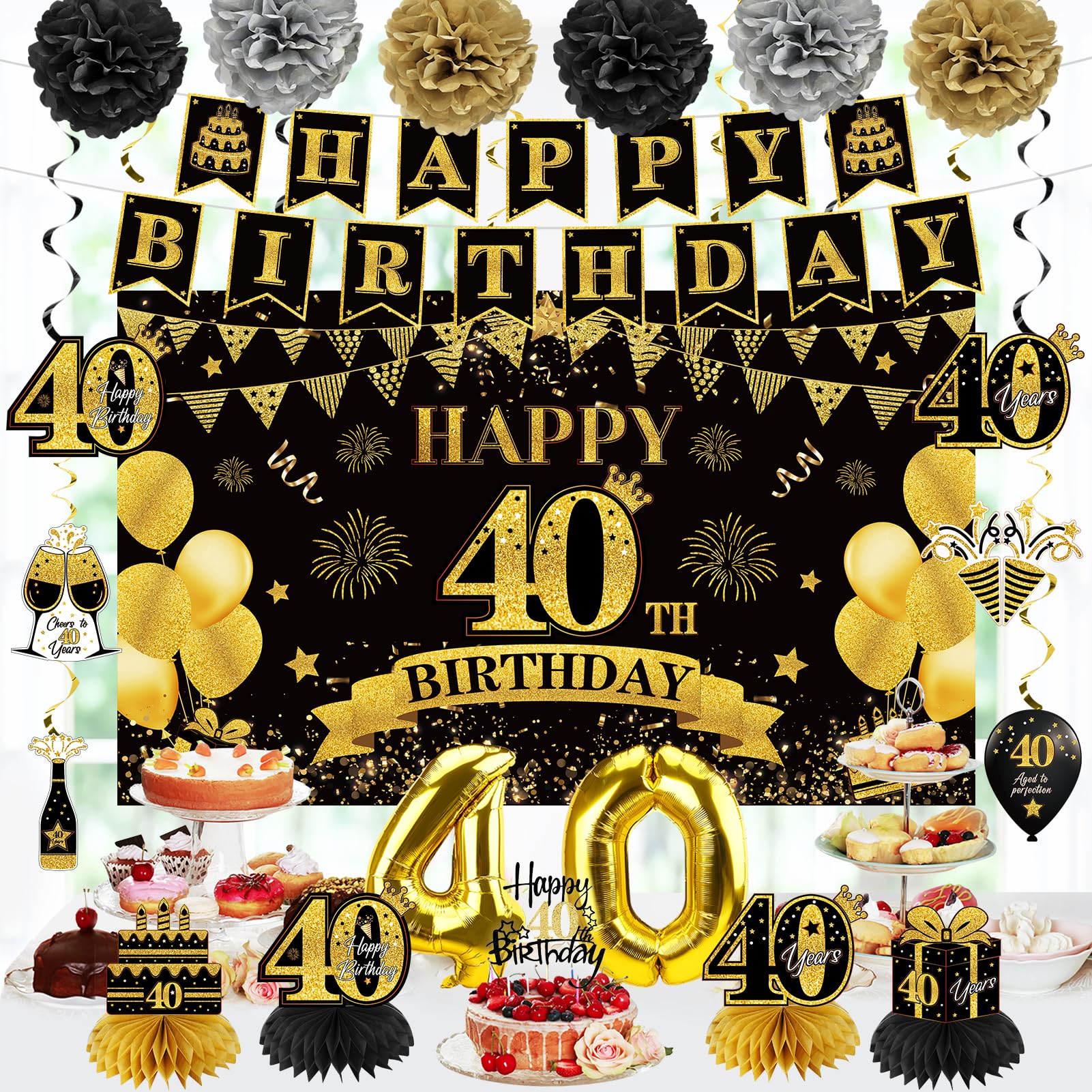 Eucutur 42Pcs 40Th Birthday Decoration Kit For Men Women, Black Gold Happy 40Th Bday Banner Balloons Honeycomb Centerpiece Swirl