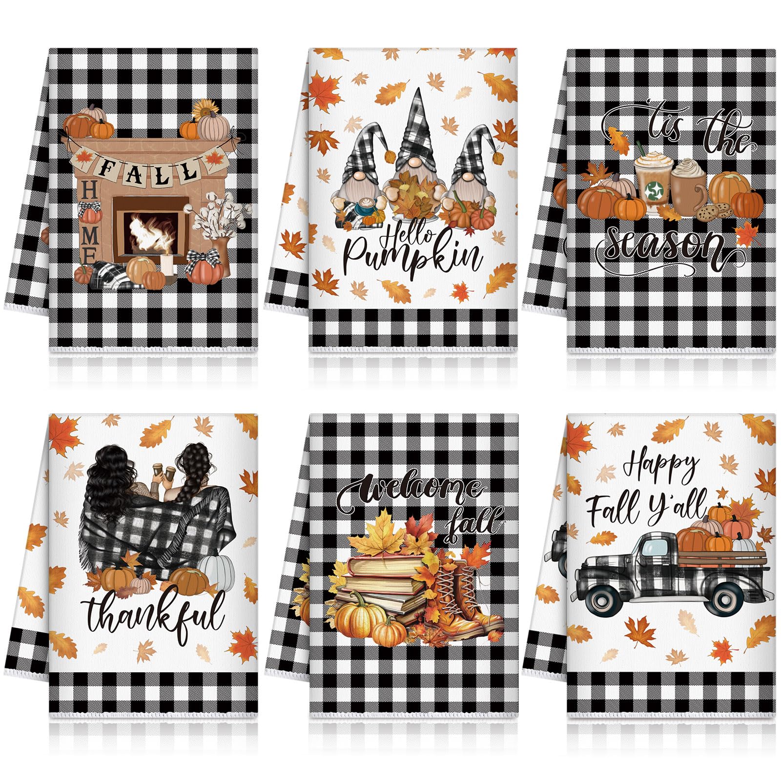 Windkream 6 Pieces Fall Thanksgiving Kitchen Towels Pumpkin Gnome Dish Towels Autumn Bathroom Hand Towels 21.26 x 14.17 Inch Buf