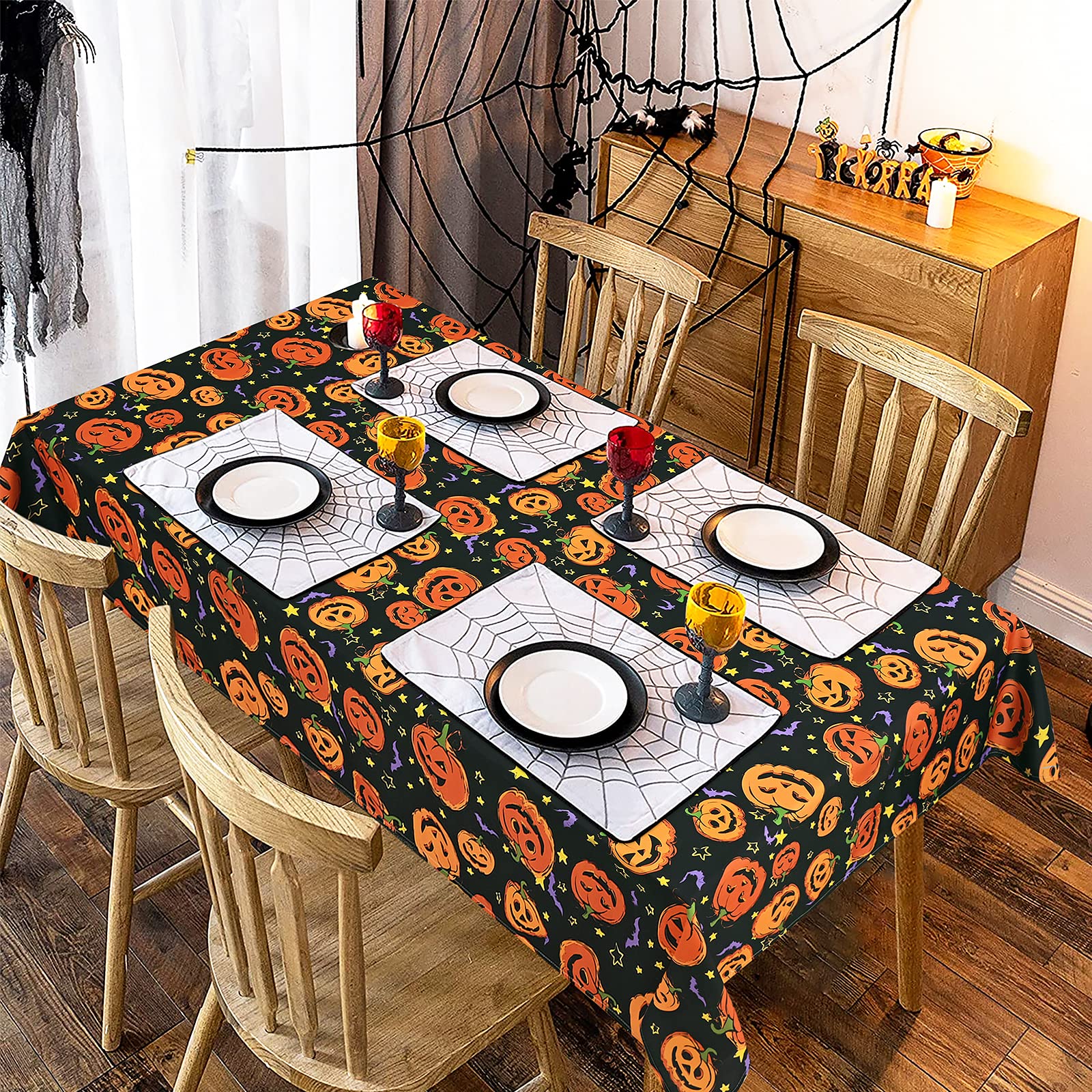 Halloween Tablecloth, Pumpkin And Bat Table Cloth, Orange And Black Star Scary Themed Tablecloths, Waterproof Spillproof Tableco