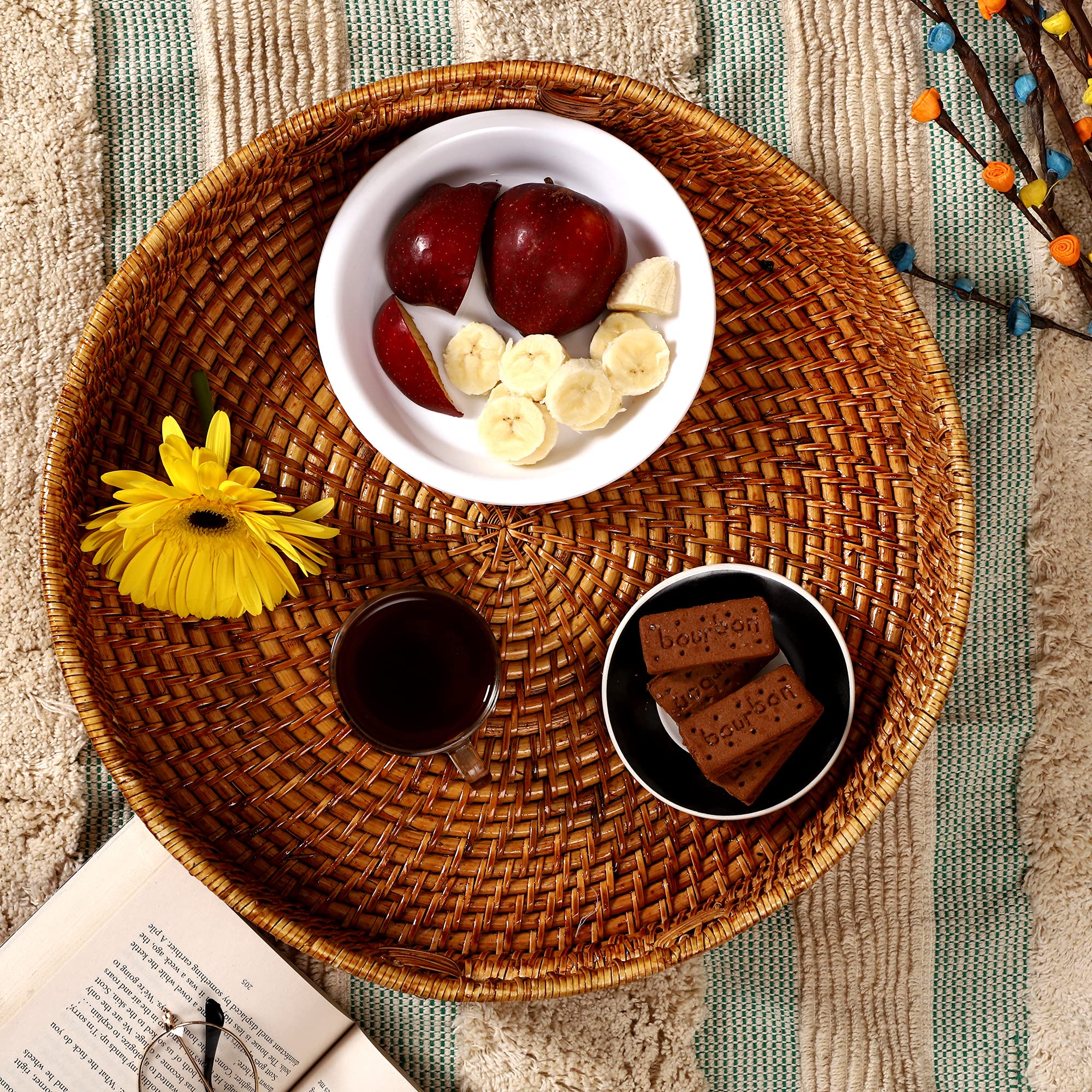AKWAY Round Wicker Basket | Round Tray Wooden Serving Tray for Home | Serving Tray for Party Guests | Round Platter with Handles