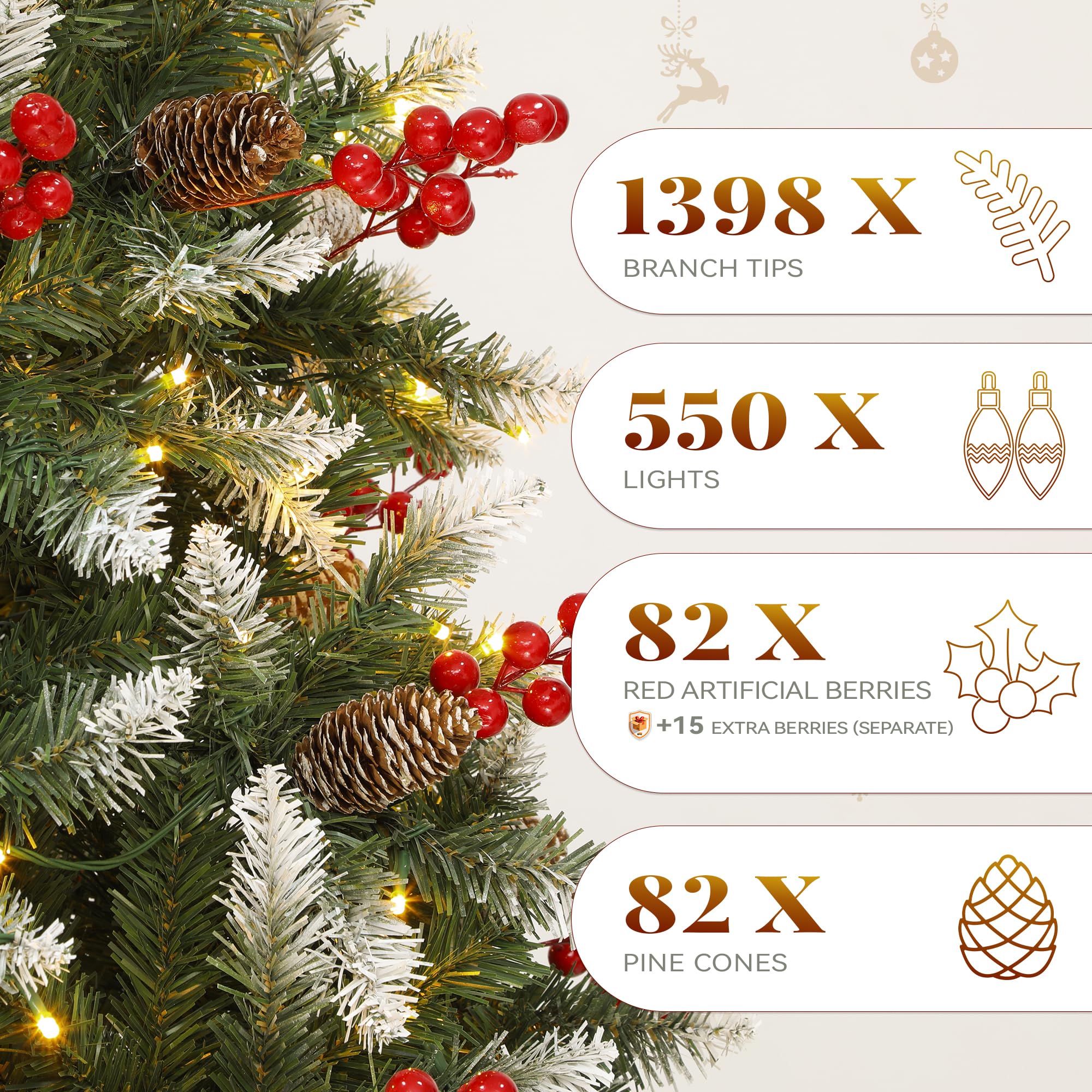 YITAHOME Prelit Pre-Decorated Pine Christmas Tree 7.5FT with Remote, Artificial Hinged Xmas Tree w/ 1398 Flocked Frosted Tips, 5