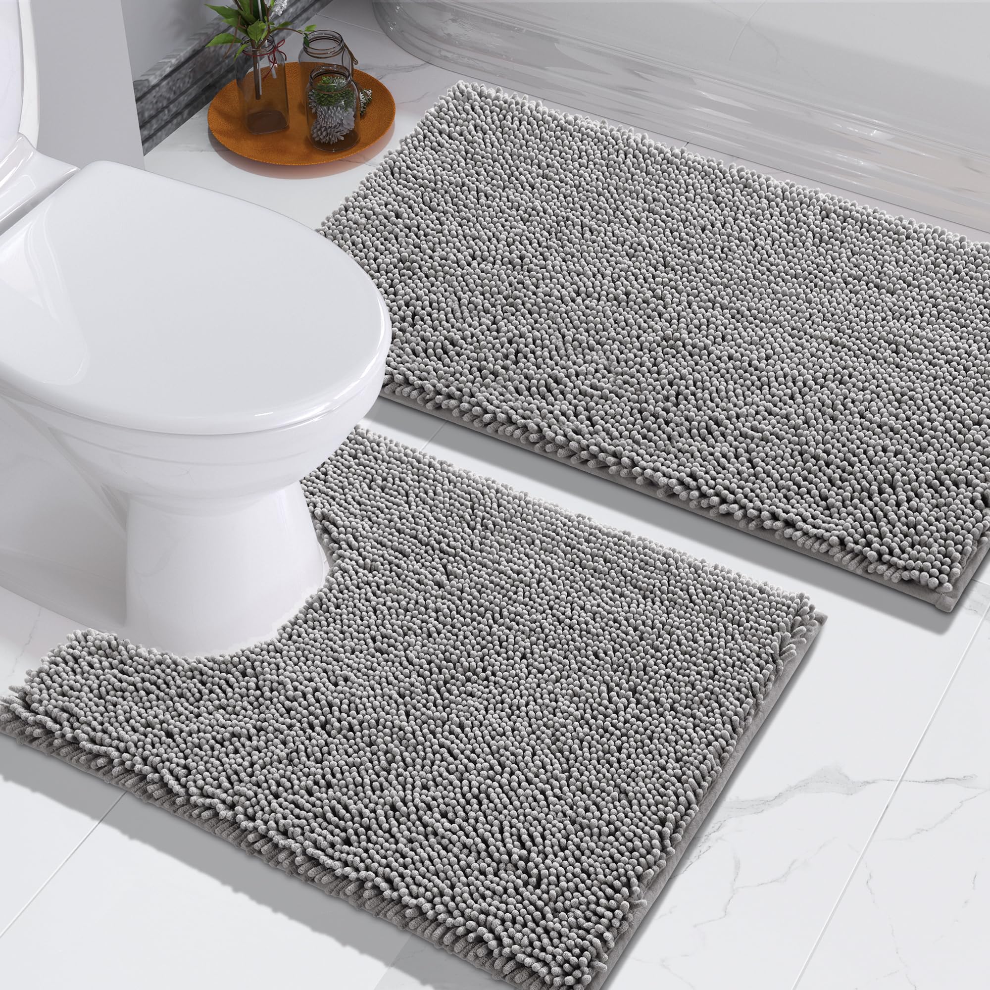 Yimobra Chenille Bathroom Rugs Set U-Shape  Luxury Thick Absorbent Plush Rugs  Soft Shaggy Bath Floor Mats  Non Slip  Machine Washable(31.5 x 19.8 + 24 x 19.5 Inches Grey)