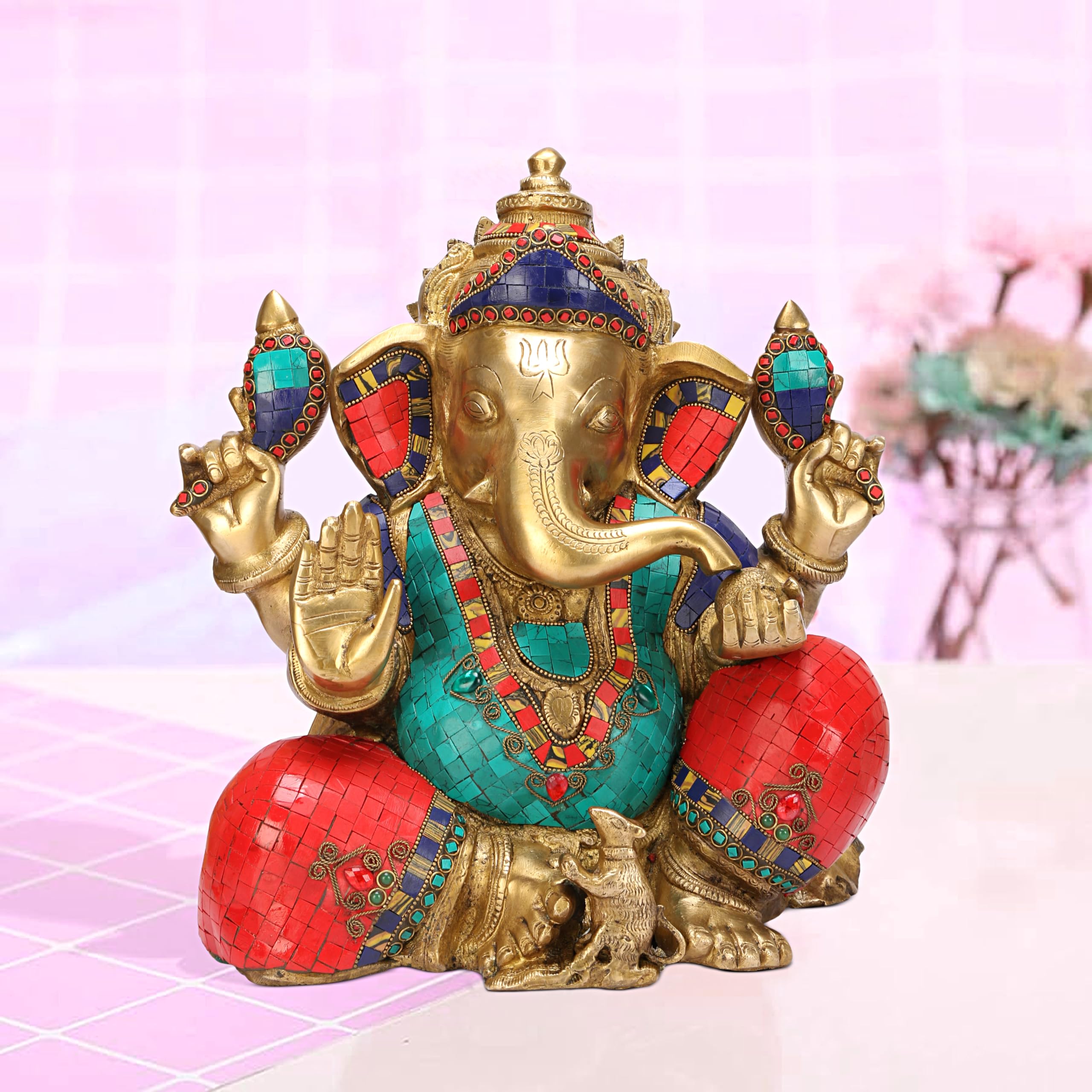 Artvarko Big Brass Ganesha Idol Big Ganesh Statue Murti God Ganpati With Multicolor Gemstone Handwork For Home Dcor Gifting (Hei