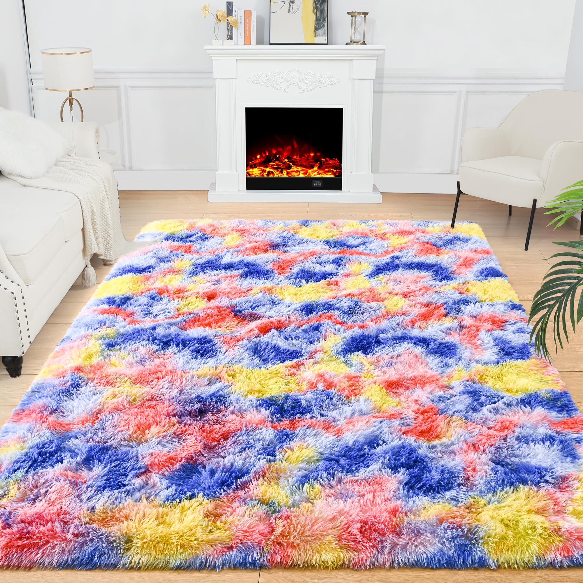 Noahas 5x8 Area Rugs for Living Room,Blue and Yellow Rugs for Bedroom,Cute Colorful Kids Carpet,Fluffy Rainbow Rug for Girls Bed
